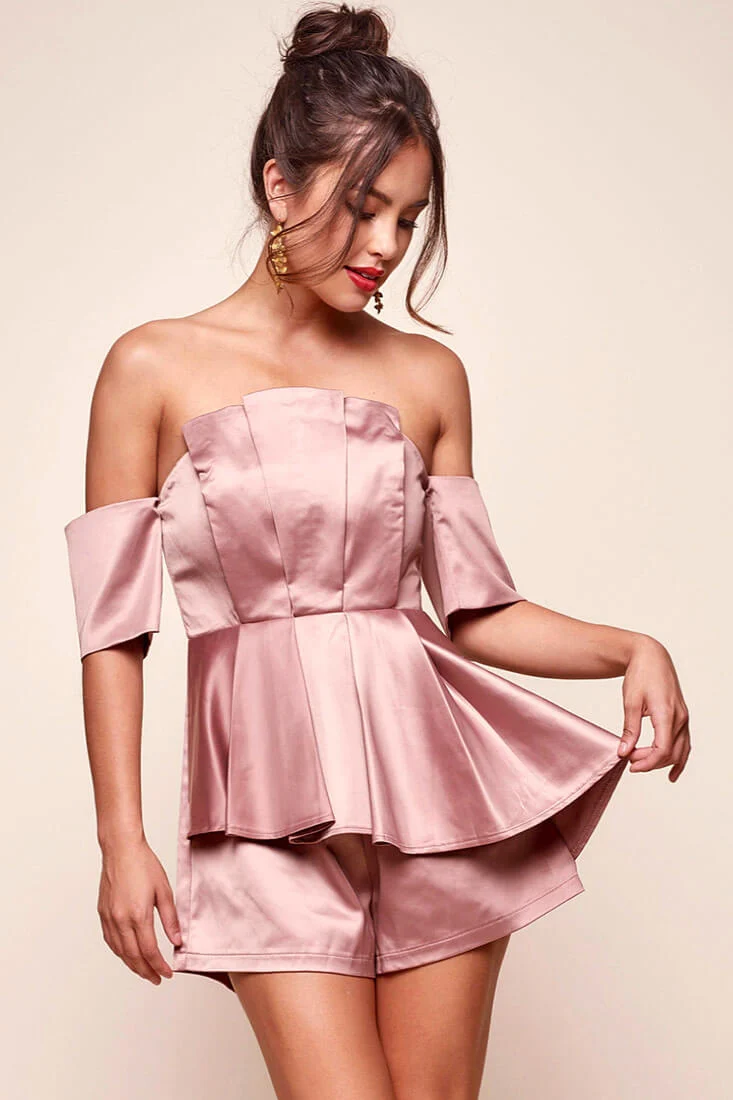 Aly Off the Shoulder Satin Romper Mocha - Image 2