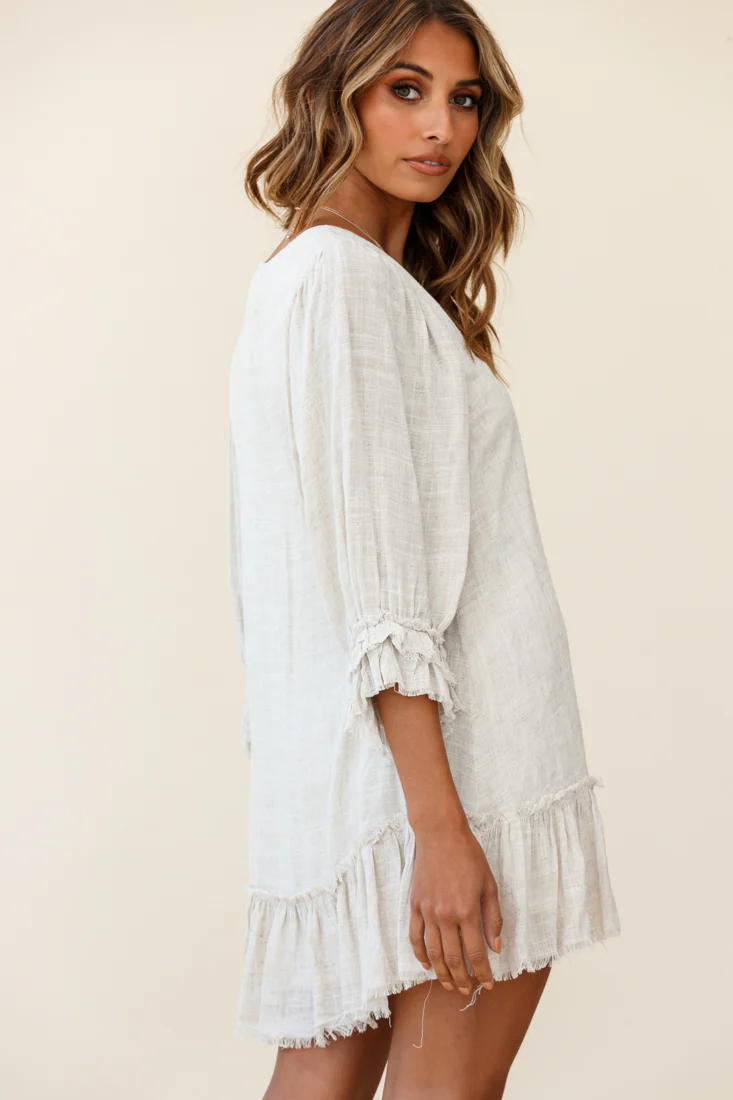 Amala Balloon Sleeve Button Detail Linen Dress Natural - Image 3