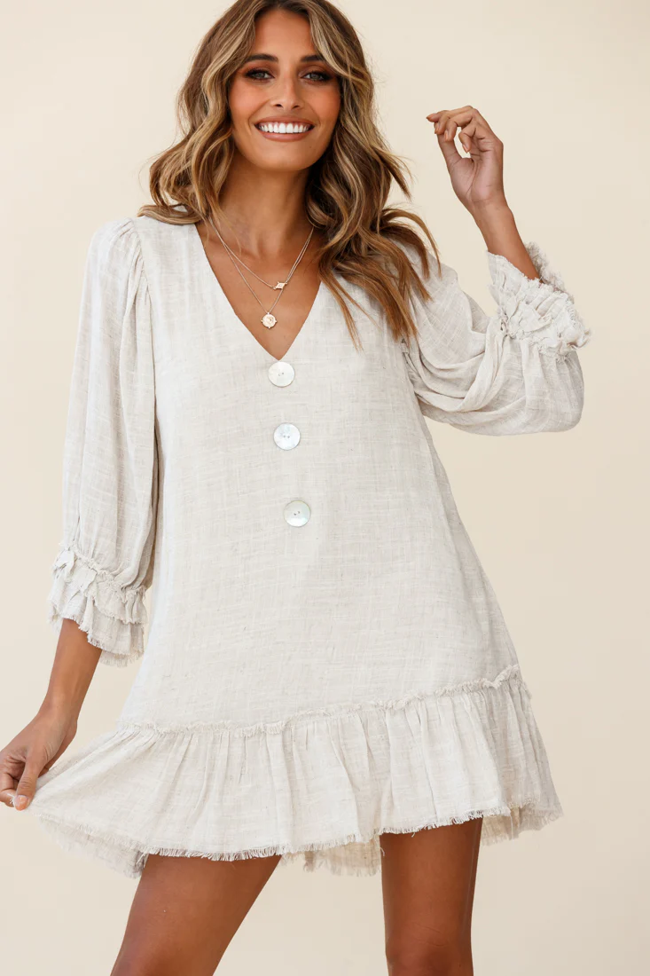 Amala Balloon Sleeve Button Detail Linen Dress Natural - Image 6