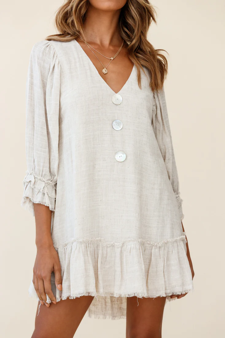 Amala Balloon Sleeve Button Detail Linen Dress Natural - Image 7