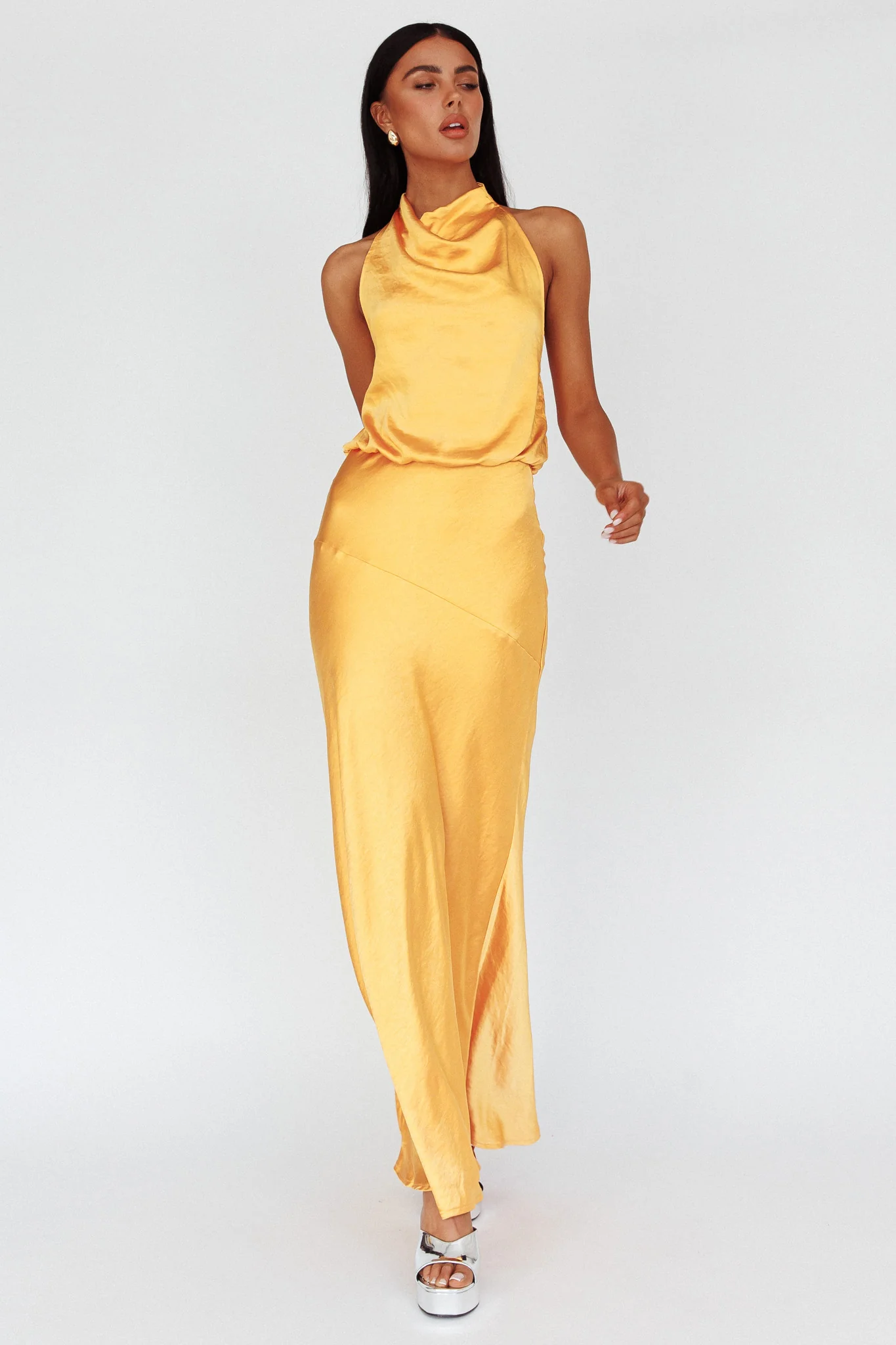 Amalfi Sunset Cowl Halterneck Maxi Dress Sun - Image 3