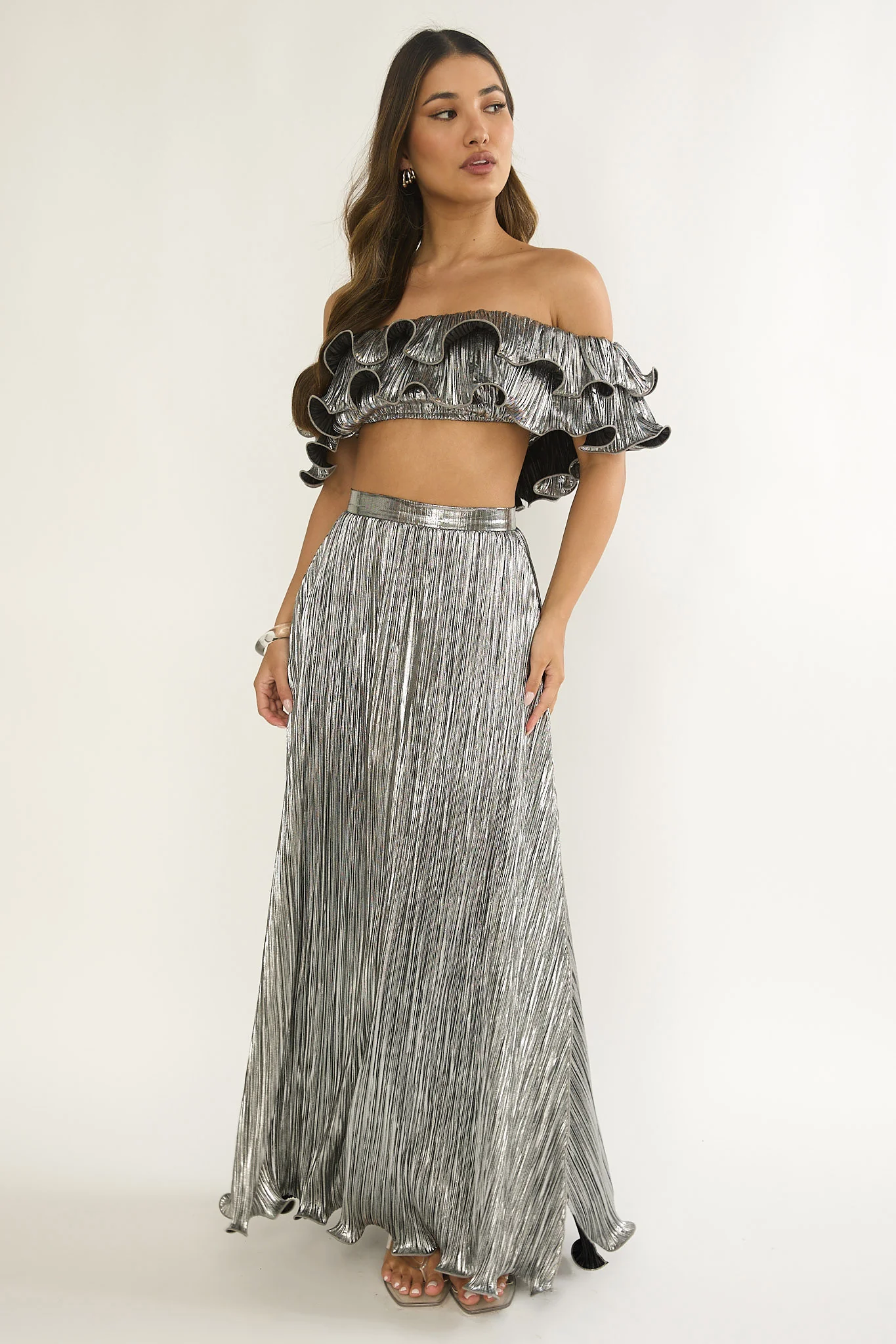 Amaria Lettuce Edge Maxi Skirt Silver - Image 6