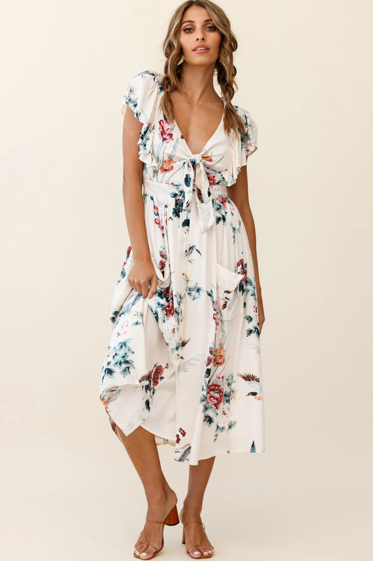 Amelie Tied Bust Pocket Midi Dress Floral Print Beige - Image 5
