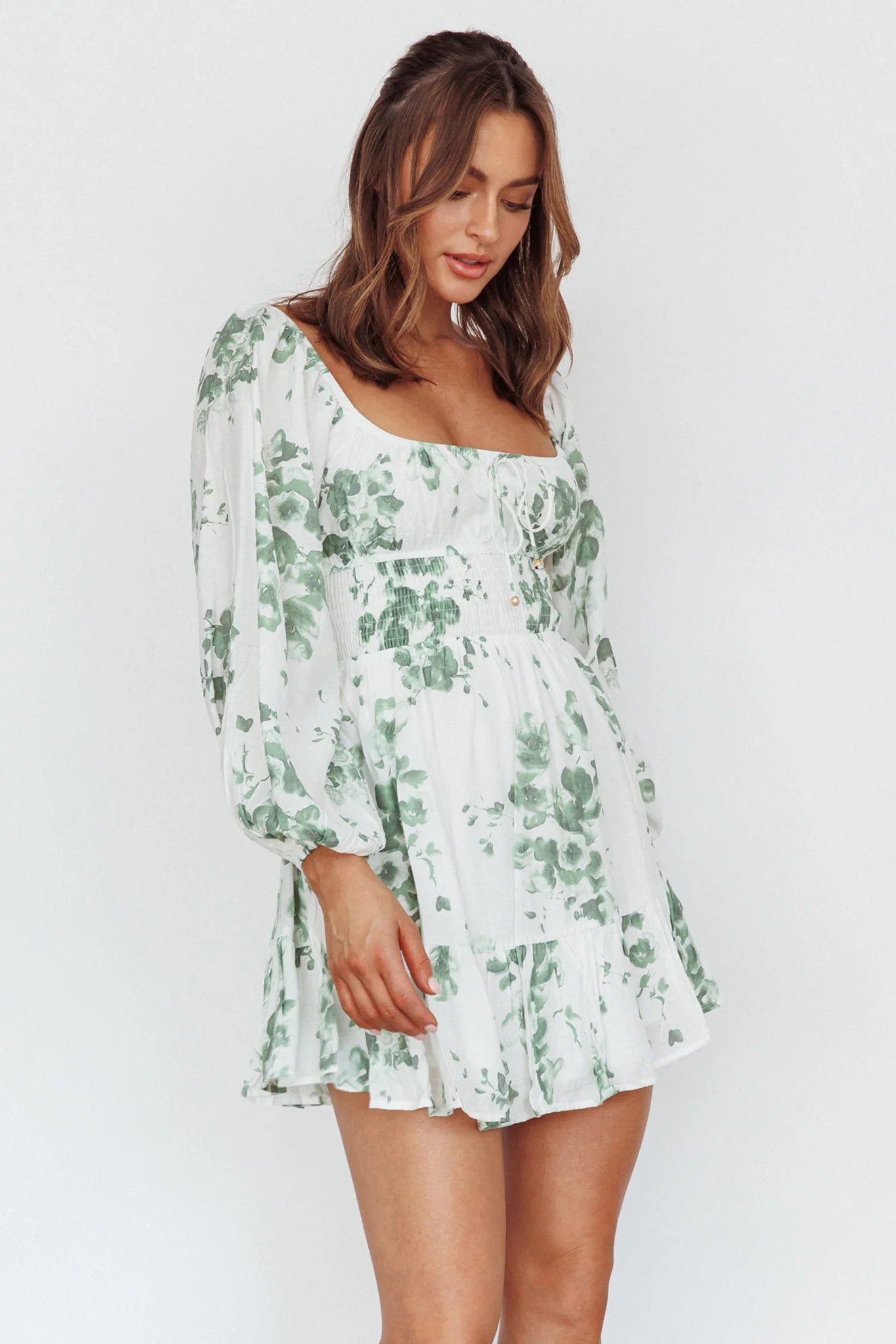 Amilie Shirred Long Sleeve Dress Floral White/Olive - Image 5