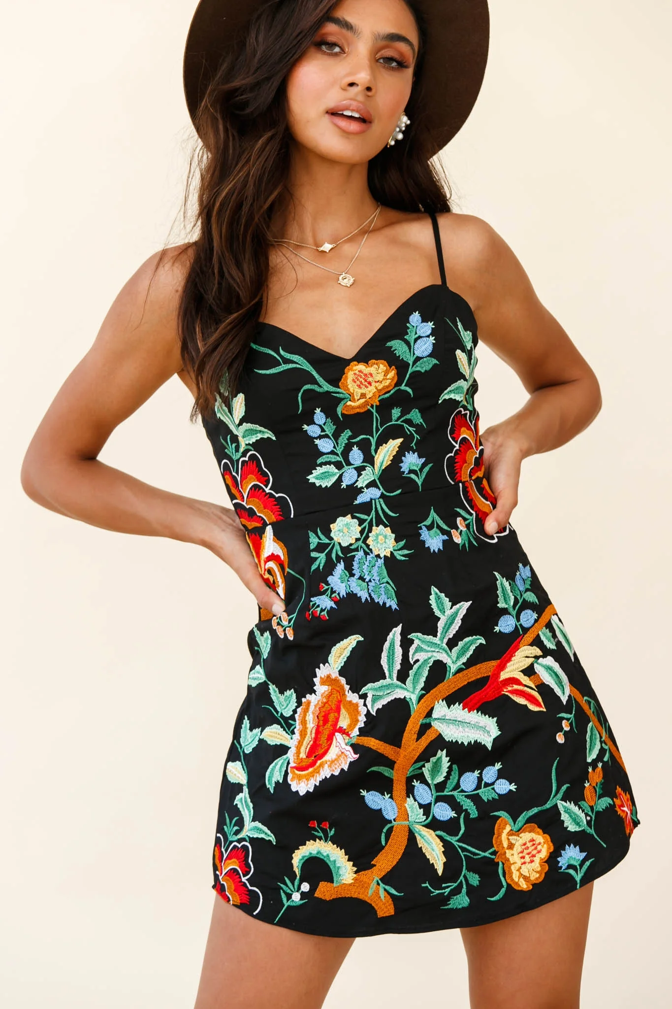 Ana Spaghetti Strap Floral Embroidered Dress Black - Image 4