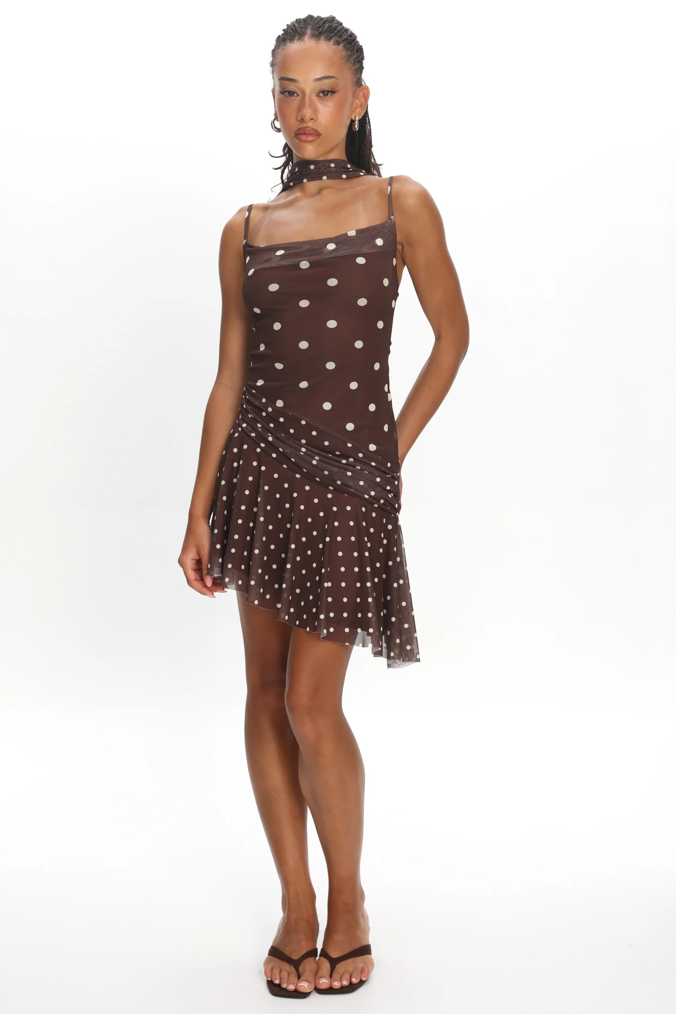 Anaisa Asymmetric Hem Mini Dress Polka Dot Chocolate - Image 4