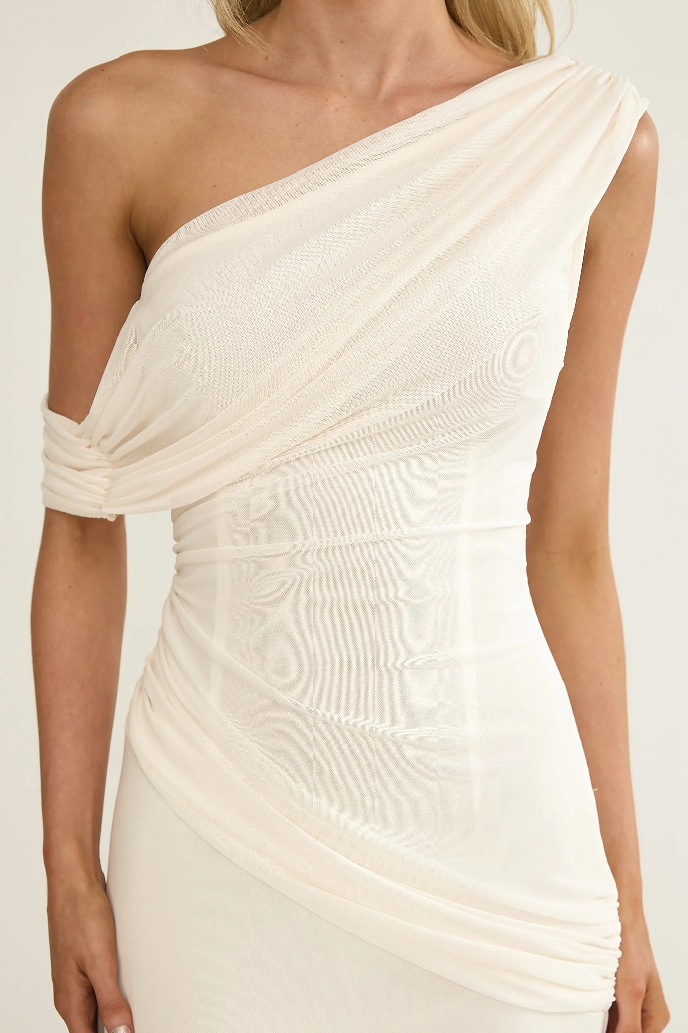 Anaisa Asymmetric Neckline Draped Maxi Dress Oyster - Image 3