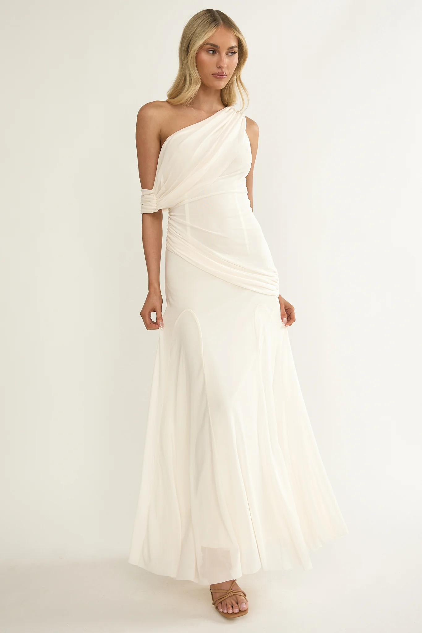Anaisa Asymmetric Neckline Draped Maxi Dress Oyster - Image 5