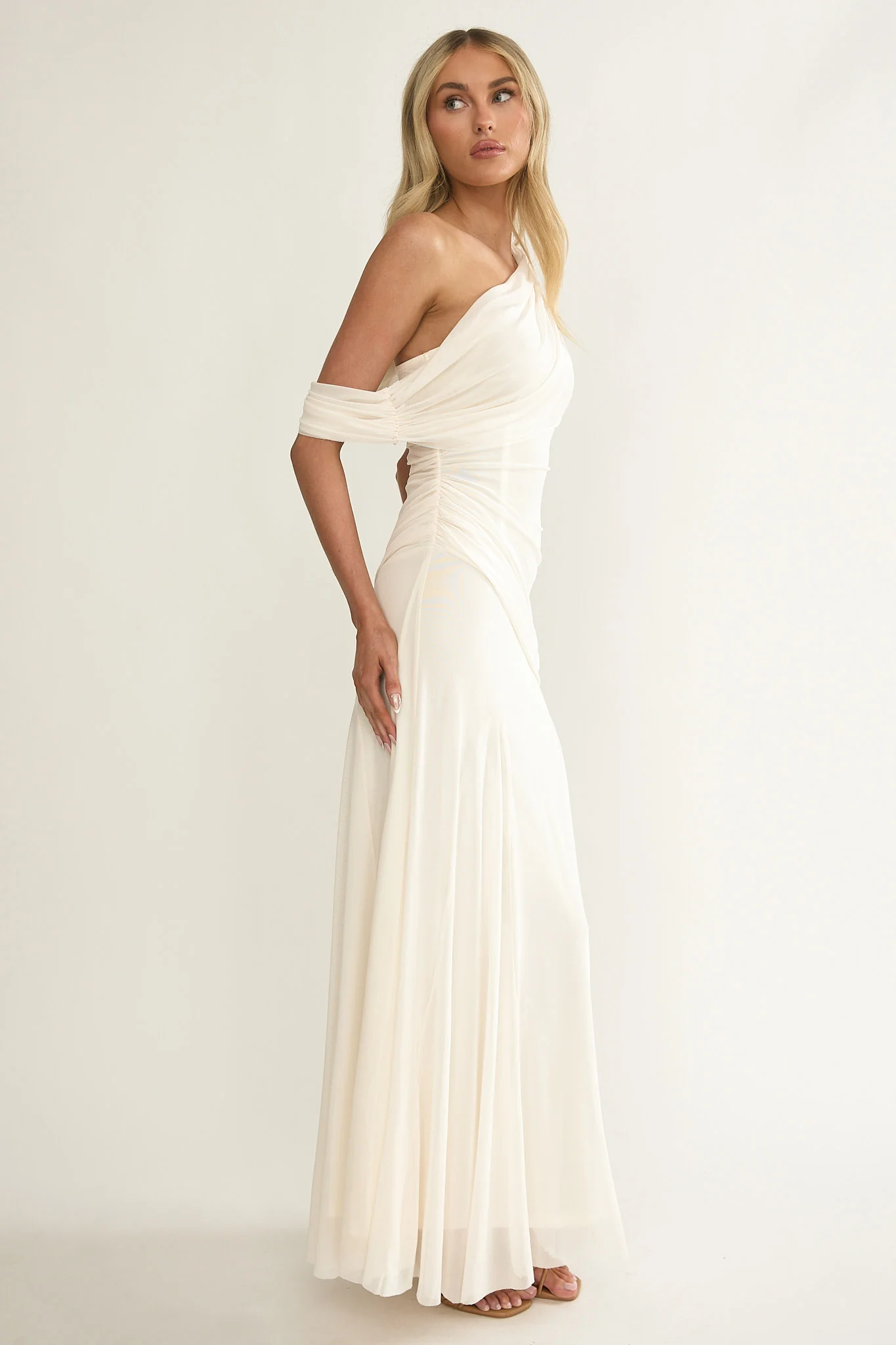 Anaisa Asymmetric Neckline Draped Maxi Dress Oyster - Image 6