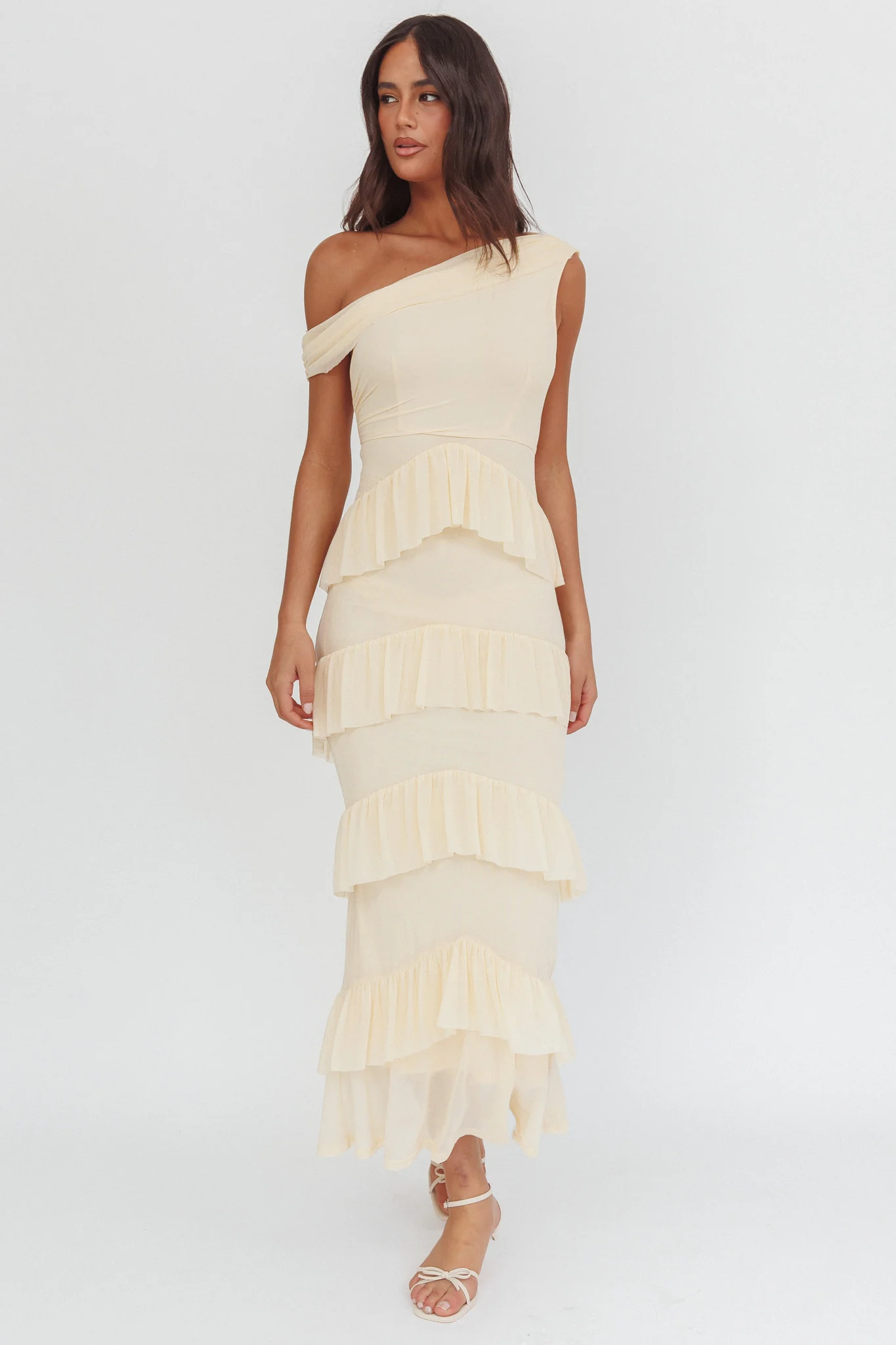 Anaisa Asymmetric Neckline Frill Maxi Dress Cream - Image 4