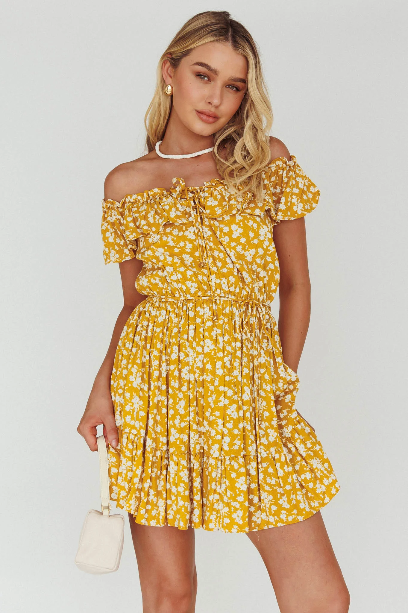 Andie Off-Shoulder Frill Dress Floral Yellow - Image 5