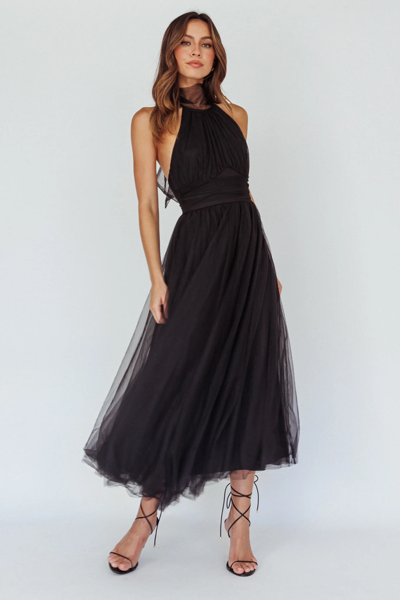 Andria Halterneck Tulle Midi Dress Black - Image 5