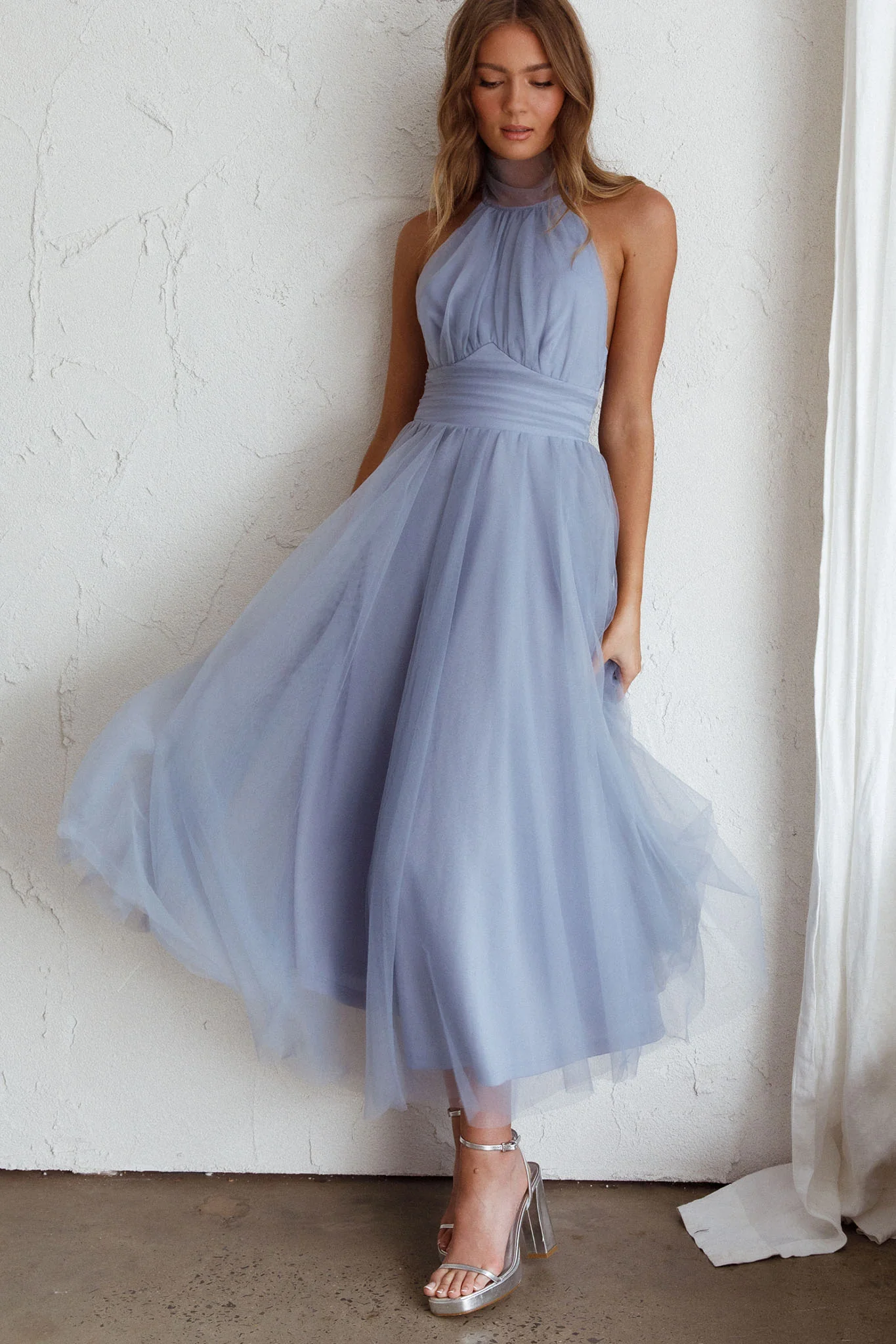 Andria Halterneck Tulle Midi Dress Blue - Image 6