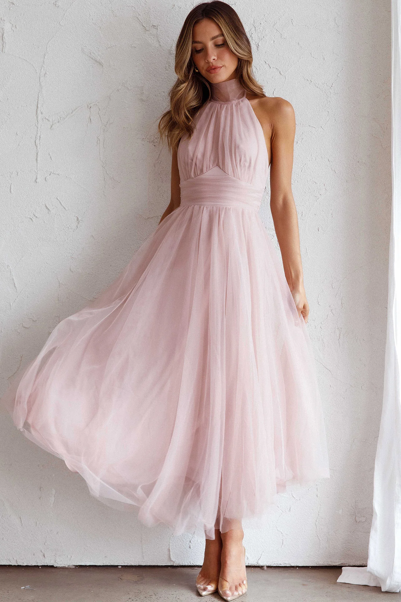 Andria Halterneck Tulle Midi Dress Blush - Image 3