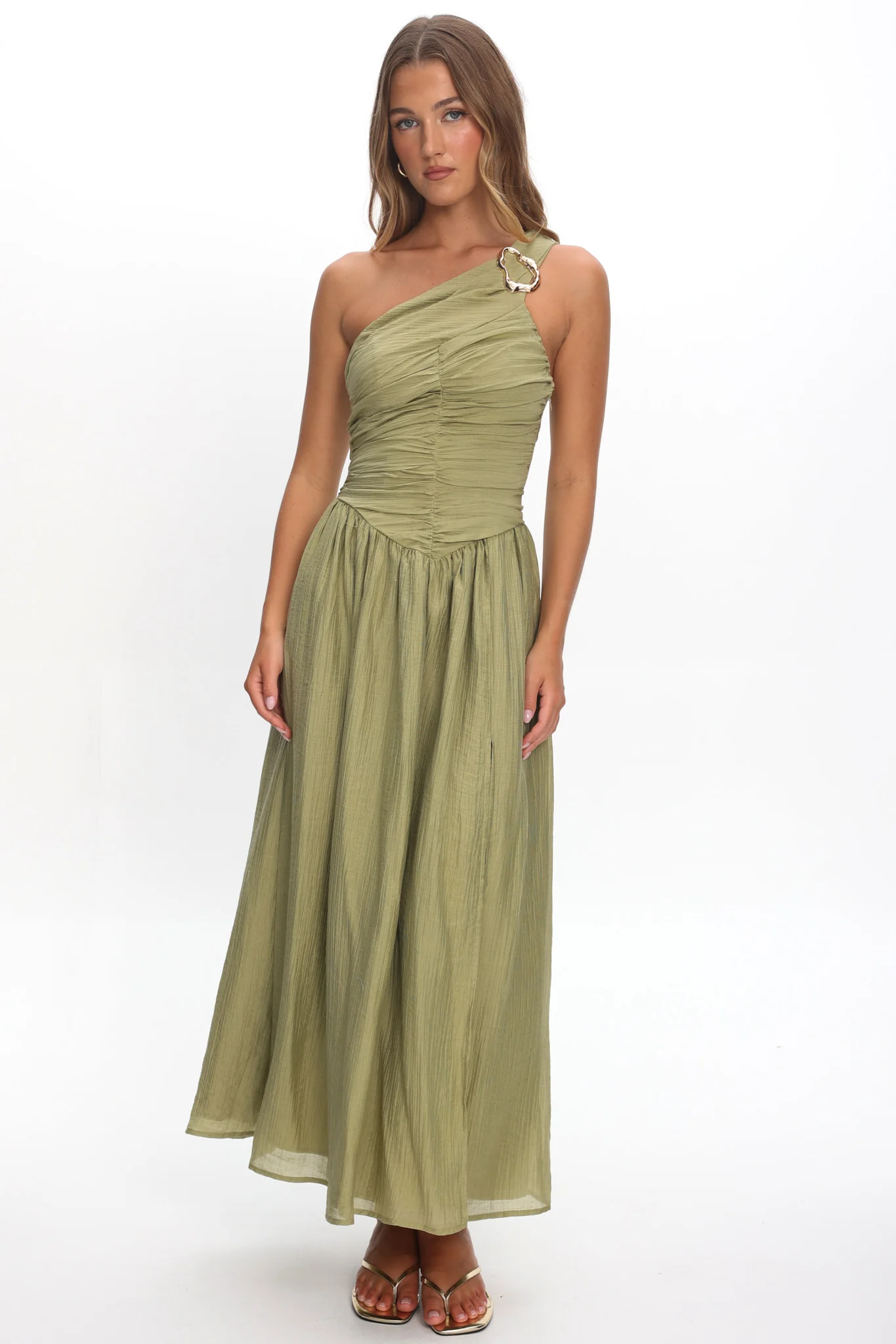Andrina One-Shoulder Ruched Maxi Dress Olive - Image 5