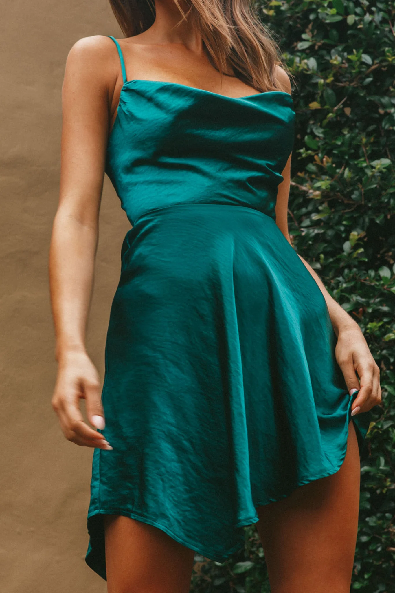 Angel Eyes Cowl Neck Asymmetrical Hem Mini Dress Forest Green - Image 4