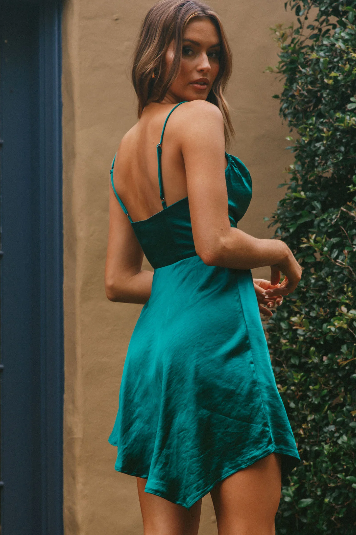 Angel Eyes Cowl Neck Asymmetrical Hem Mini Dress Forest Green - Image 7