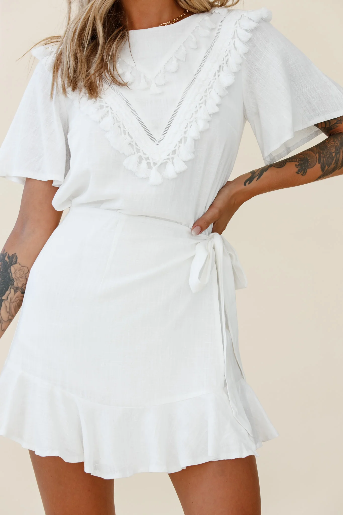 Angelique Tassel Bust Wrap Bottom Dress White - Image 4