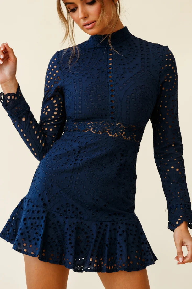 Anglaise Embroidered Long Sleeve Turtleneck Dress Navy - Image 4
