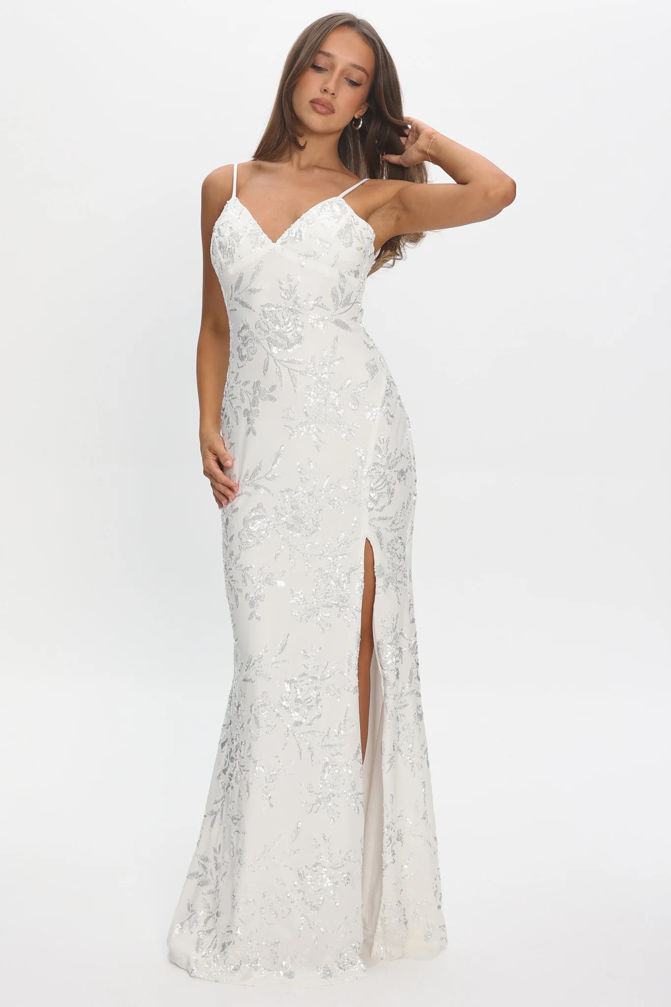 Anjelique Side Slit Maxi Dress Sequin White
