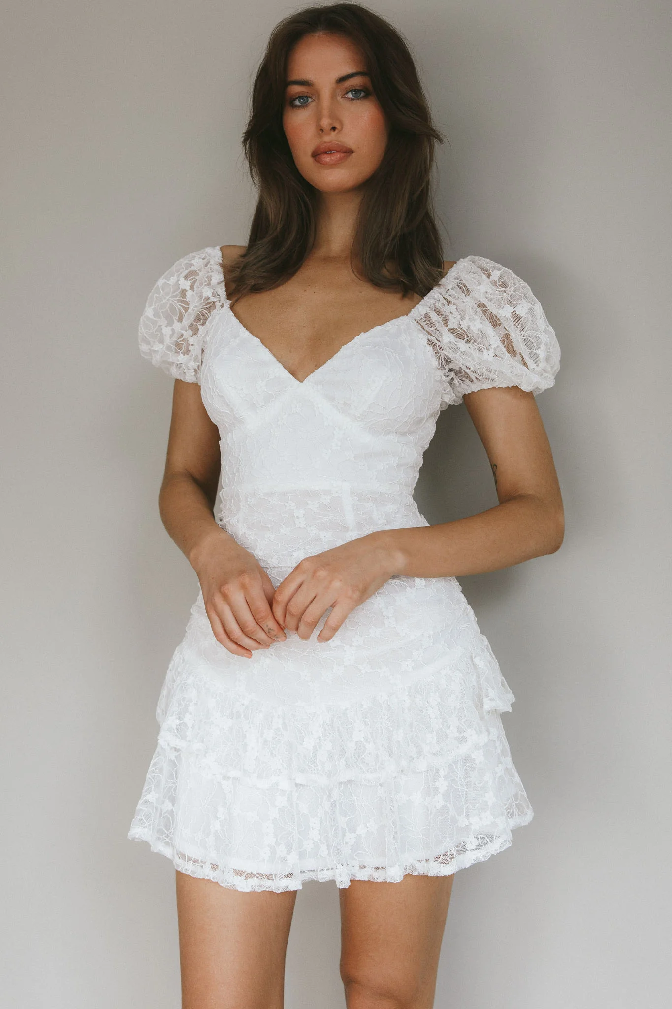 Annabella Puff Sleeve Tied Back Lace Dress White - Image 6