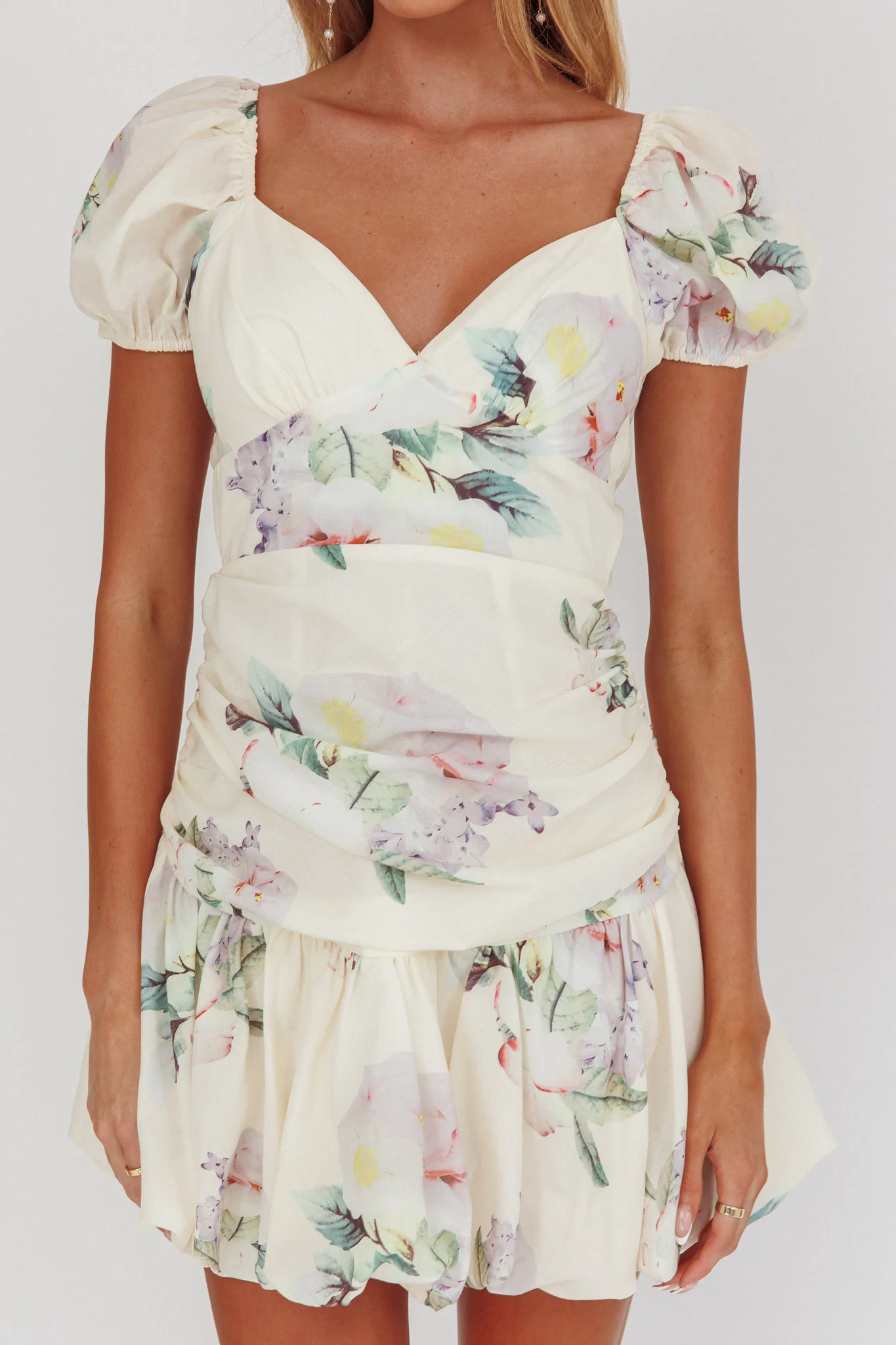Annabella Puff Sleeve Tied Back Mini Dress Floral Butter - Image 3