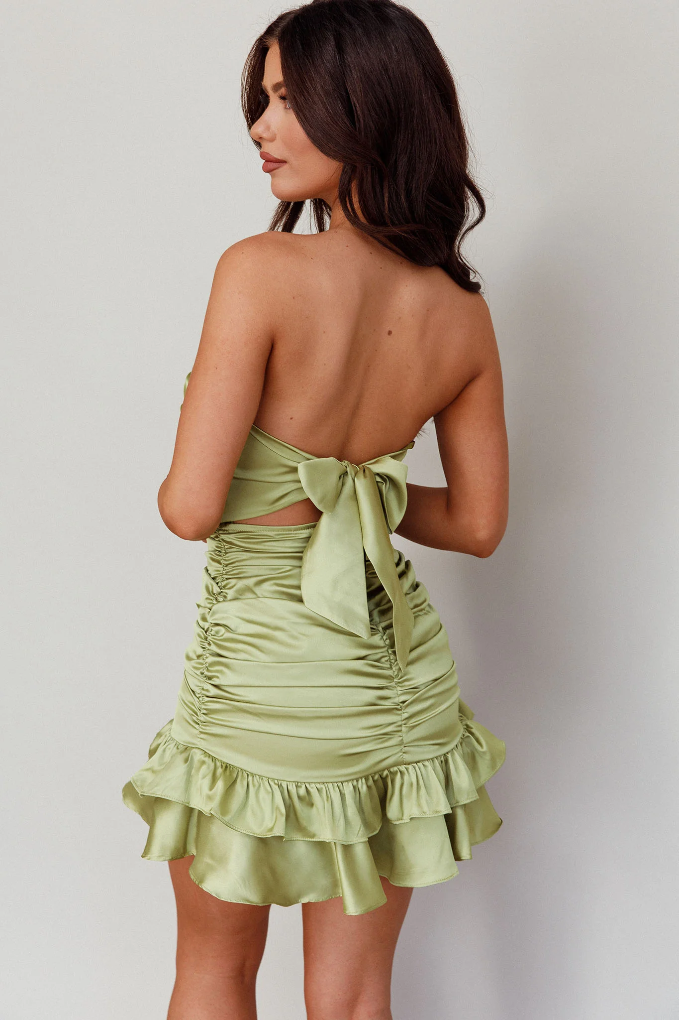 Annabella Strapless Tied Back Frill Hem Mini Dress Olive - Image 2