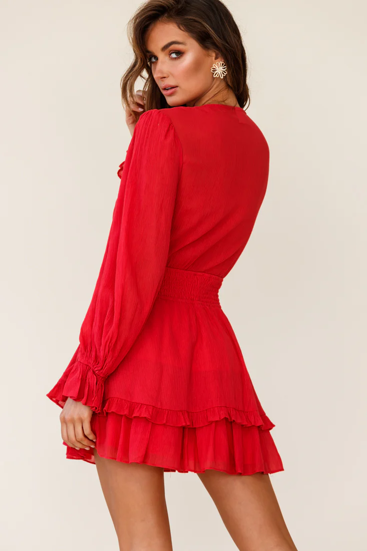 Anthea Bow-Tie Front Layered Frill Dress Red - Image 3