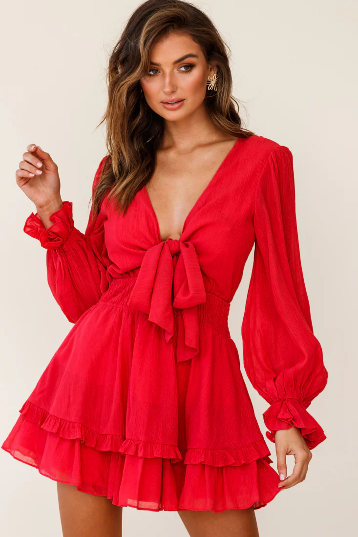 Anthea Bow-Tie Front Layered Frill Dress Red - Image 6