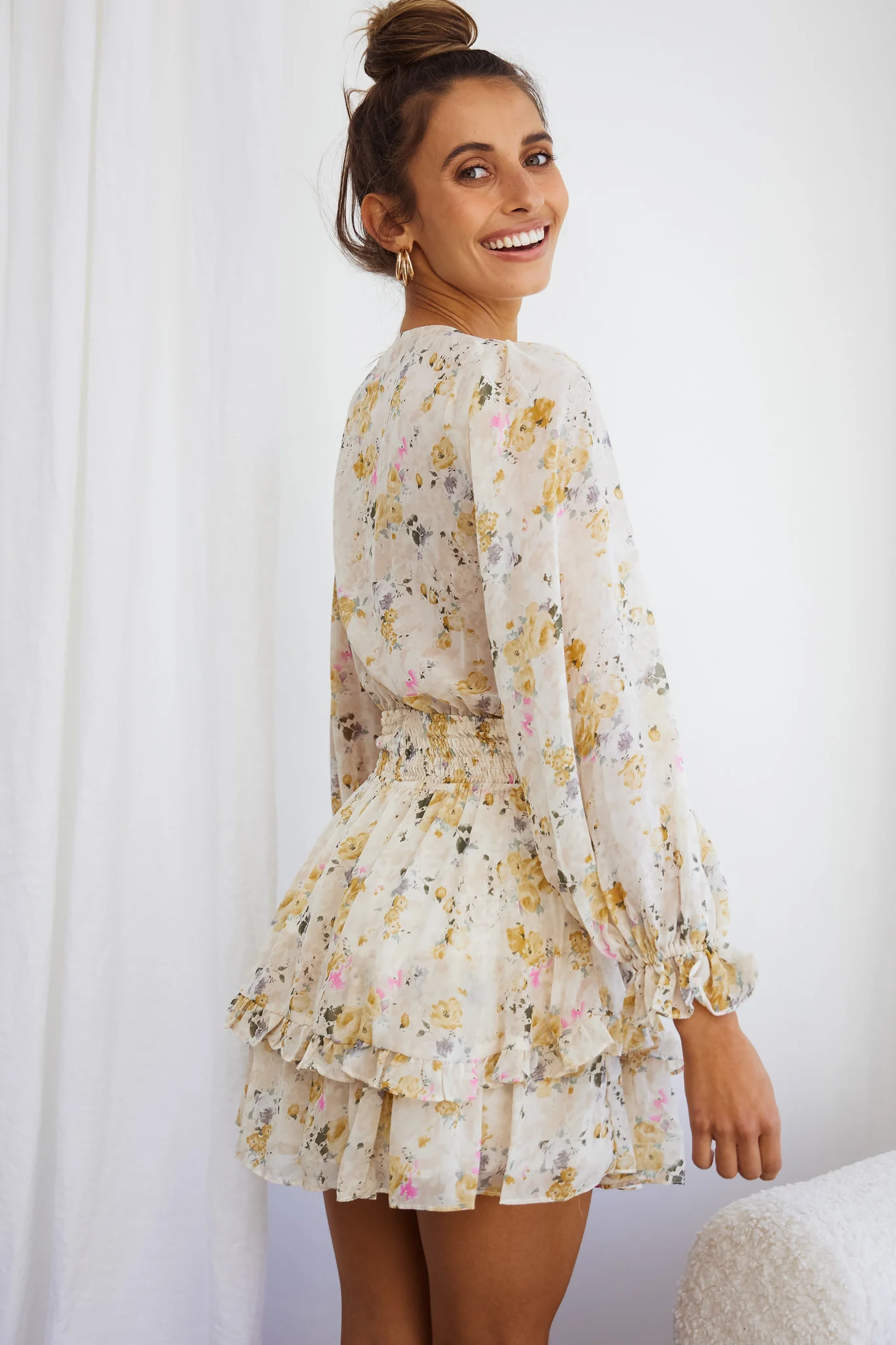 Anthea Bow-Tie Front Layered Frill Dress Vintage Floral Print Beige - Image 2