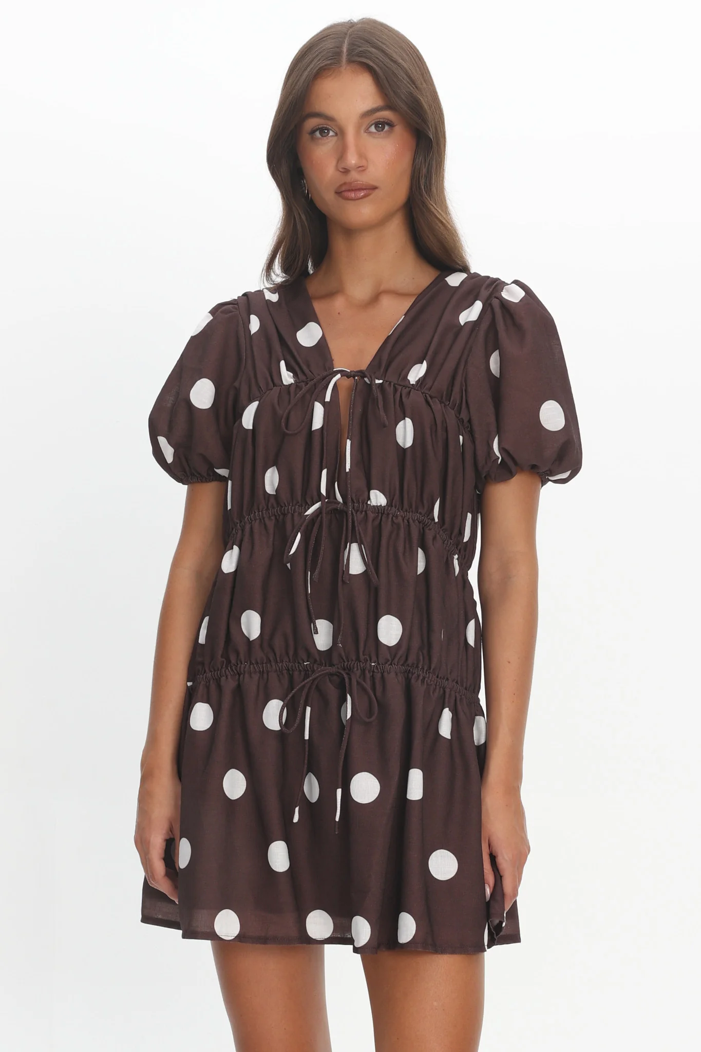 Antibes Tie Front Puff Sleeve Mini Dress Chocolate/White - Image 5
