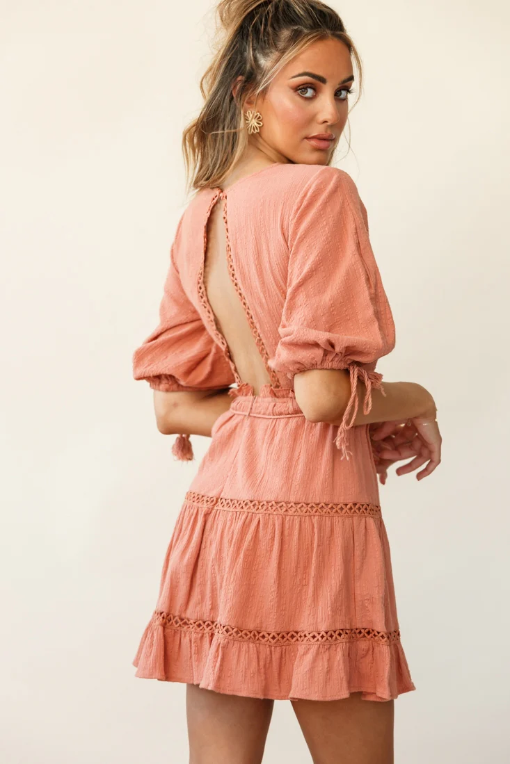 Antonia Half Puff Sleeve Crochet Detail Dress Rose - Image 6