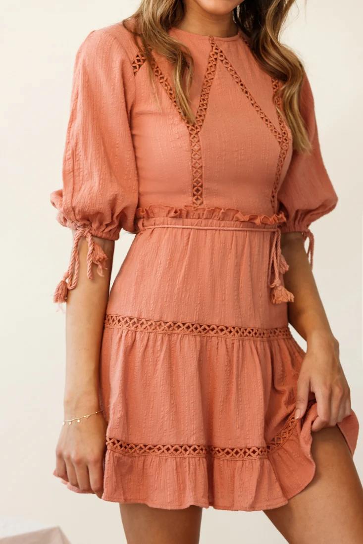 Antonia Half Puff Sleeve Crochet Detail Dress Rose - Image 7