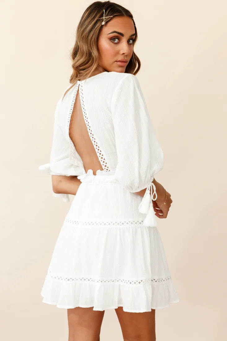 Antonia Half Puff Sleeve Crochet Detail Dress White - Image 4