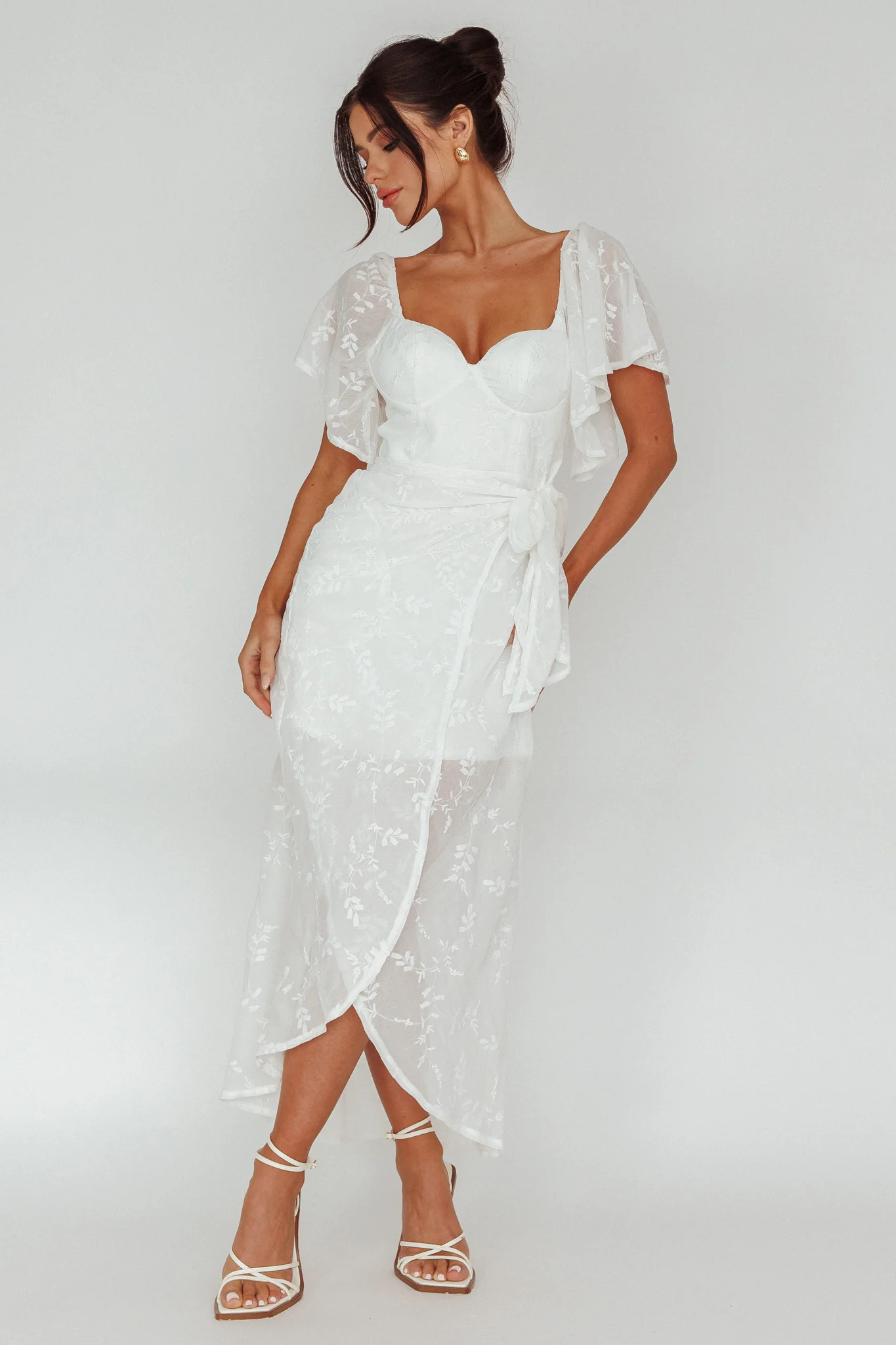 Aphrodite Molded Bust Angel Sleeve Midi Dress Floral White - Image 6