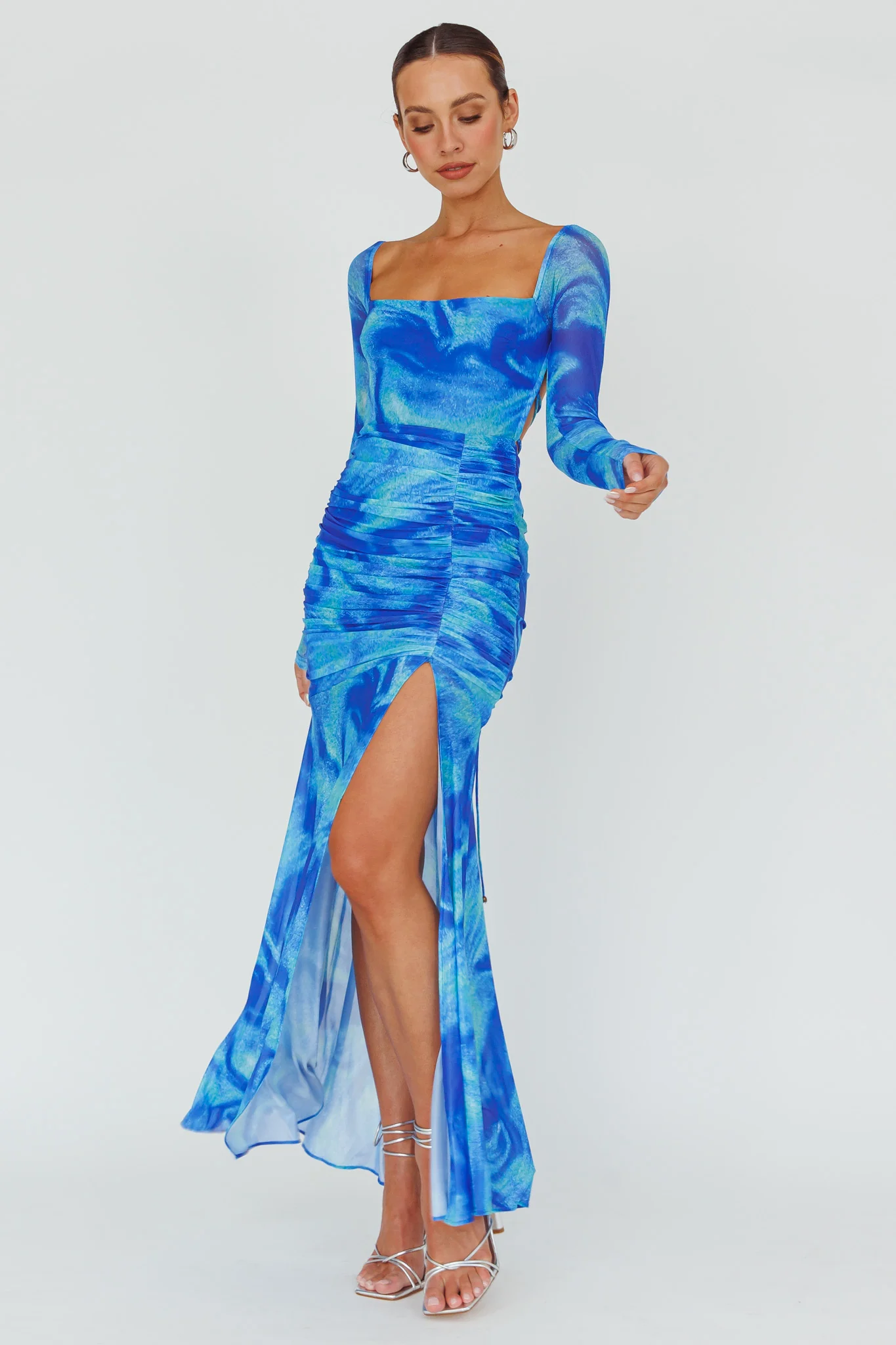 Apryl Long Sleeve Lace-Up Back Maxi Dress Blue - Image 3