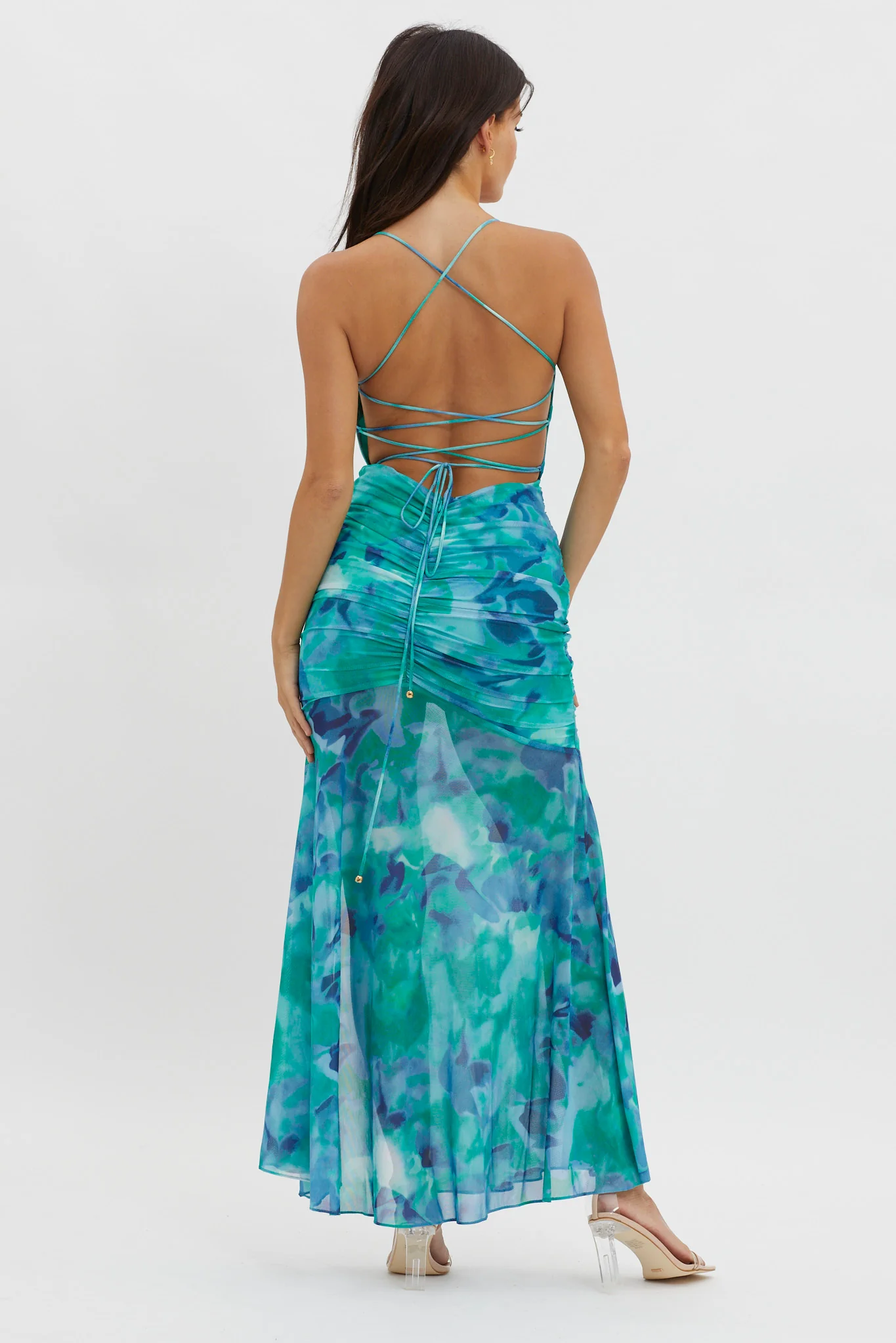 Apryl Ruched Lace-Up Back Dress Green - Image 3