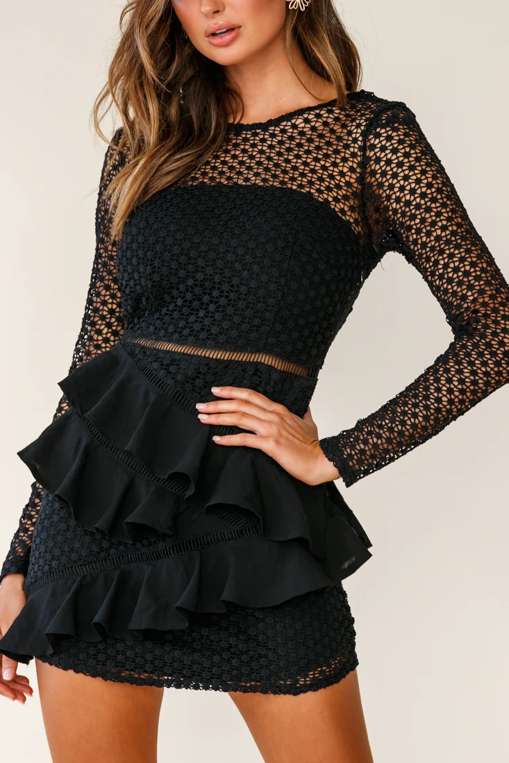 Aramis Long Sleeve Lace & Ruffle Detail Dress Black - Image 7