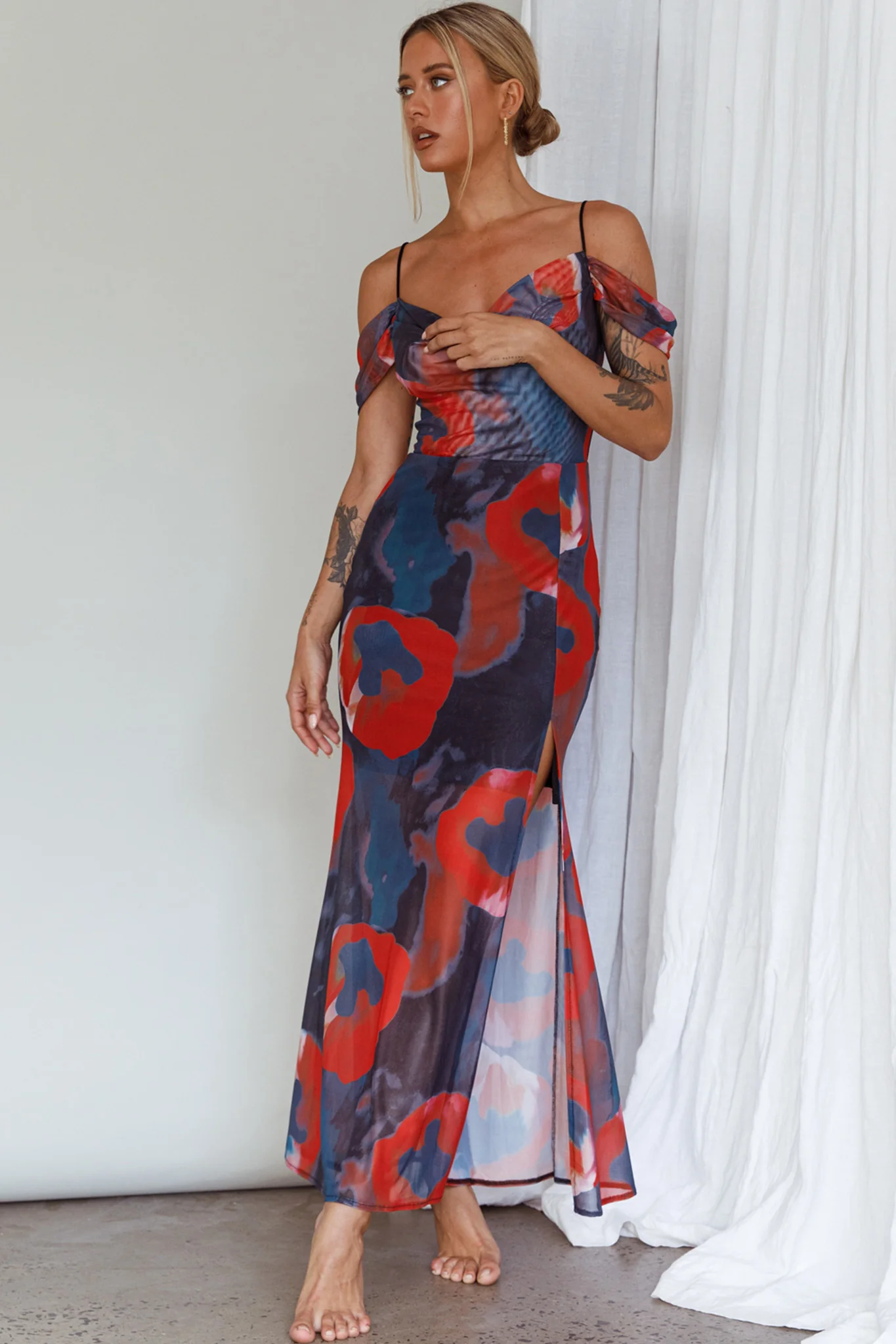 Arcadia Off-Shoulder Sleeve Midi Dress Red - Image 5