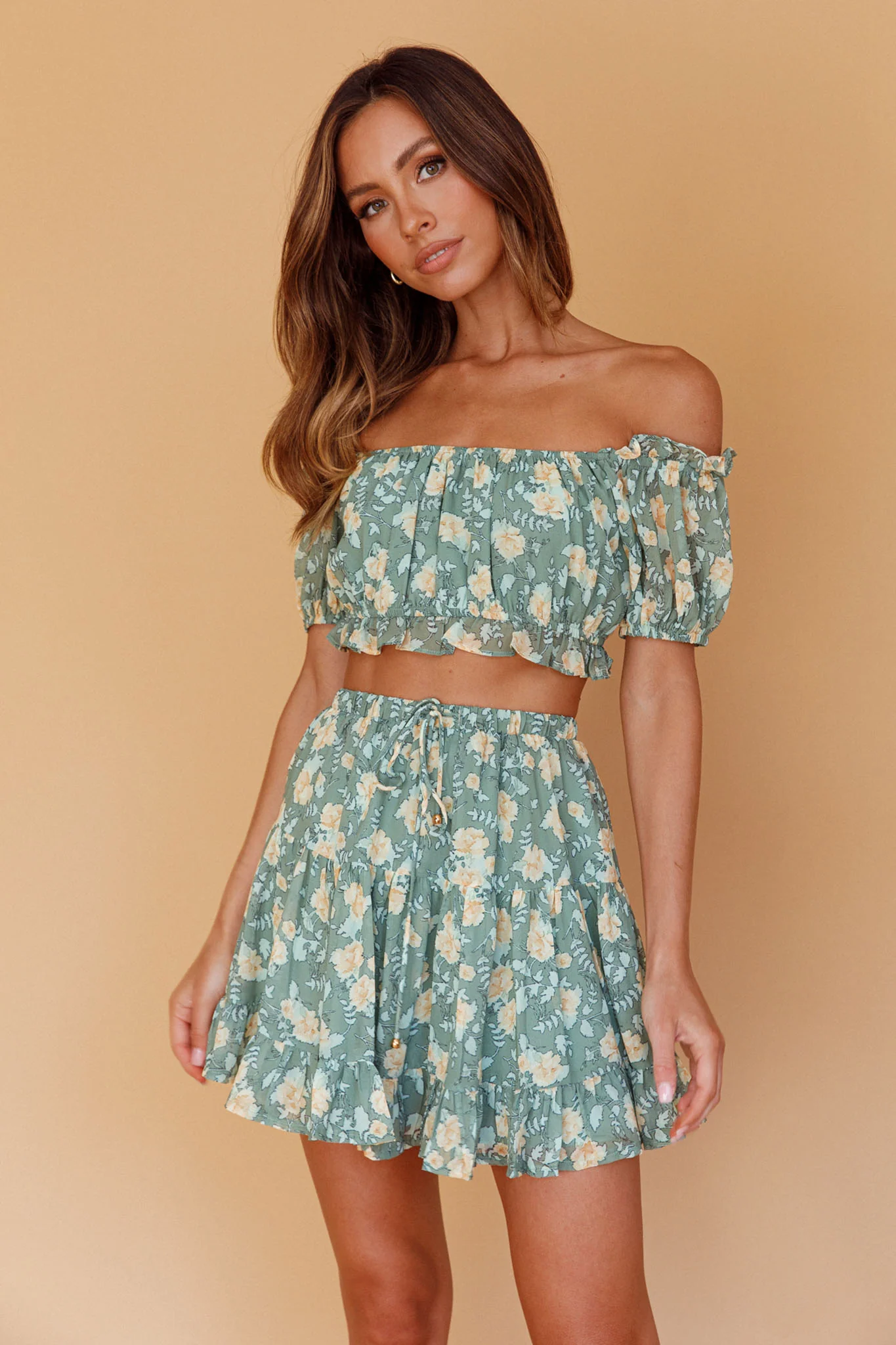 Archana Drawstring Waist Skirt Floral Green - Image 6