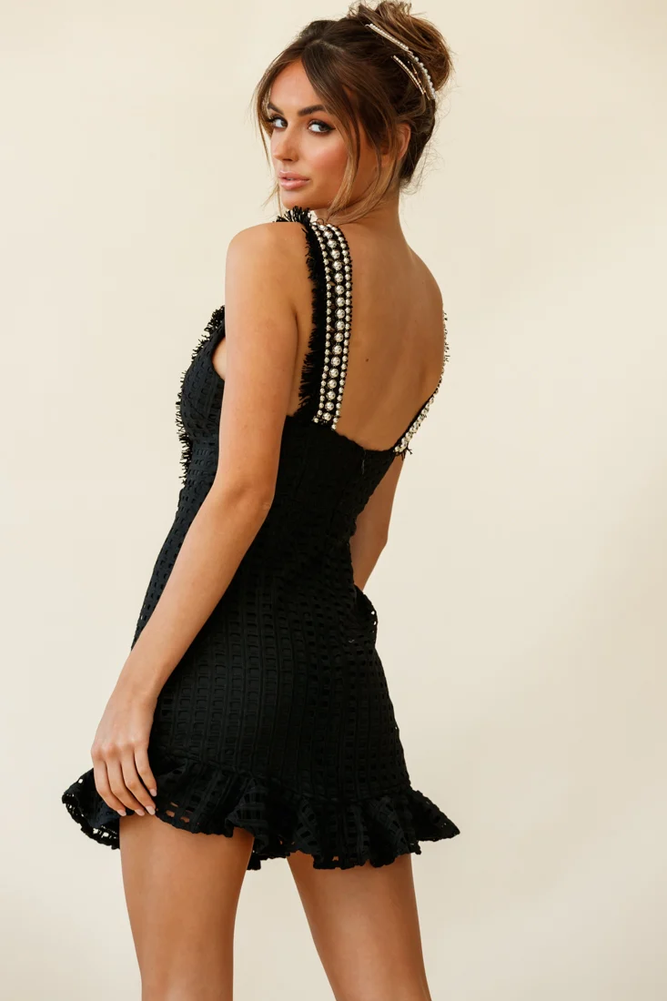 Argyle Bead & Fringe Trim Ruffle Hem Dress Black - Image 7