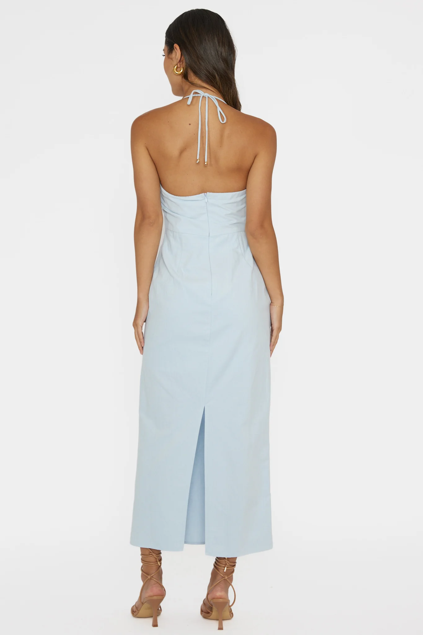 Arielle Gathered Bust Halterneck Midi Dress Pale Blue - Image 2
