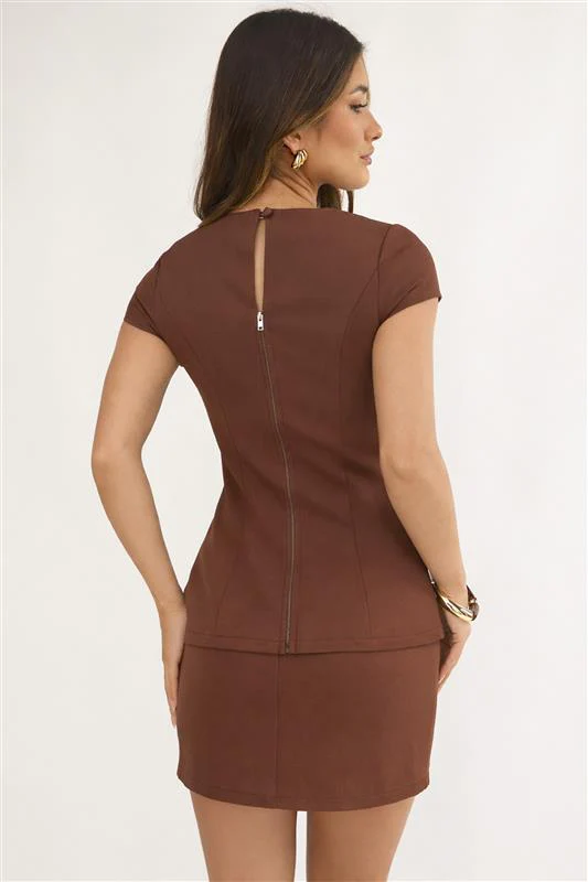 Arlina Cap Sleeve Button Top Chocolate - Image 3