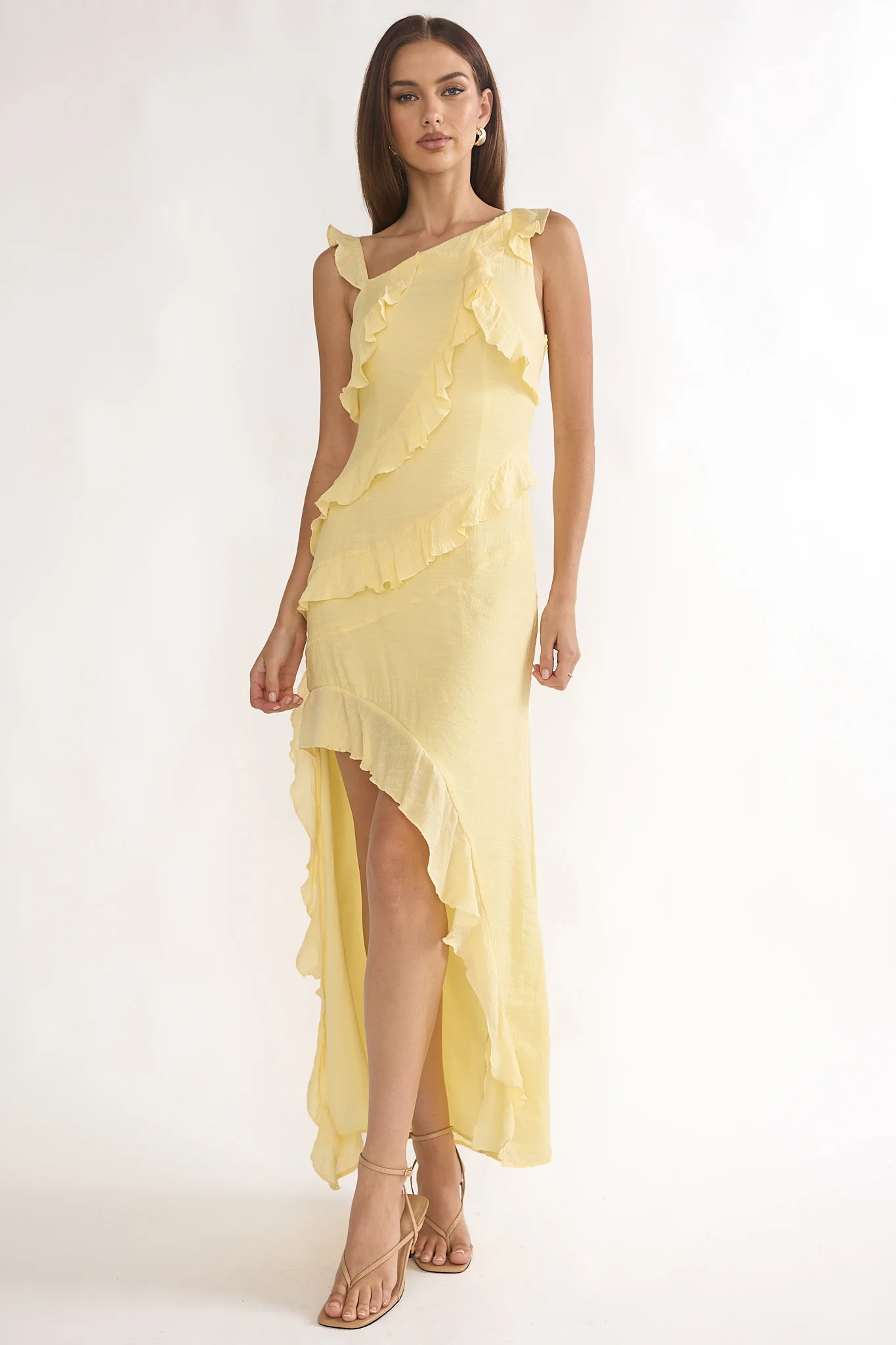 Arrabel Asymmetric Hem Ruffle Maxi Dress Lemon - Image 2