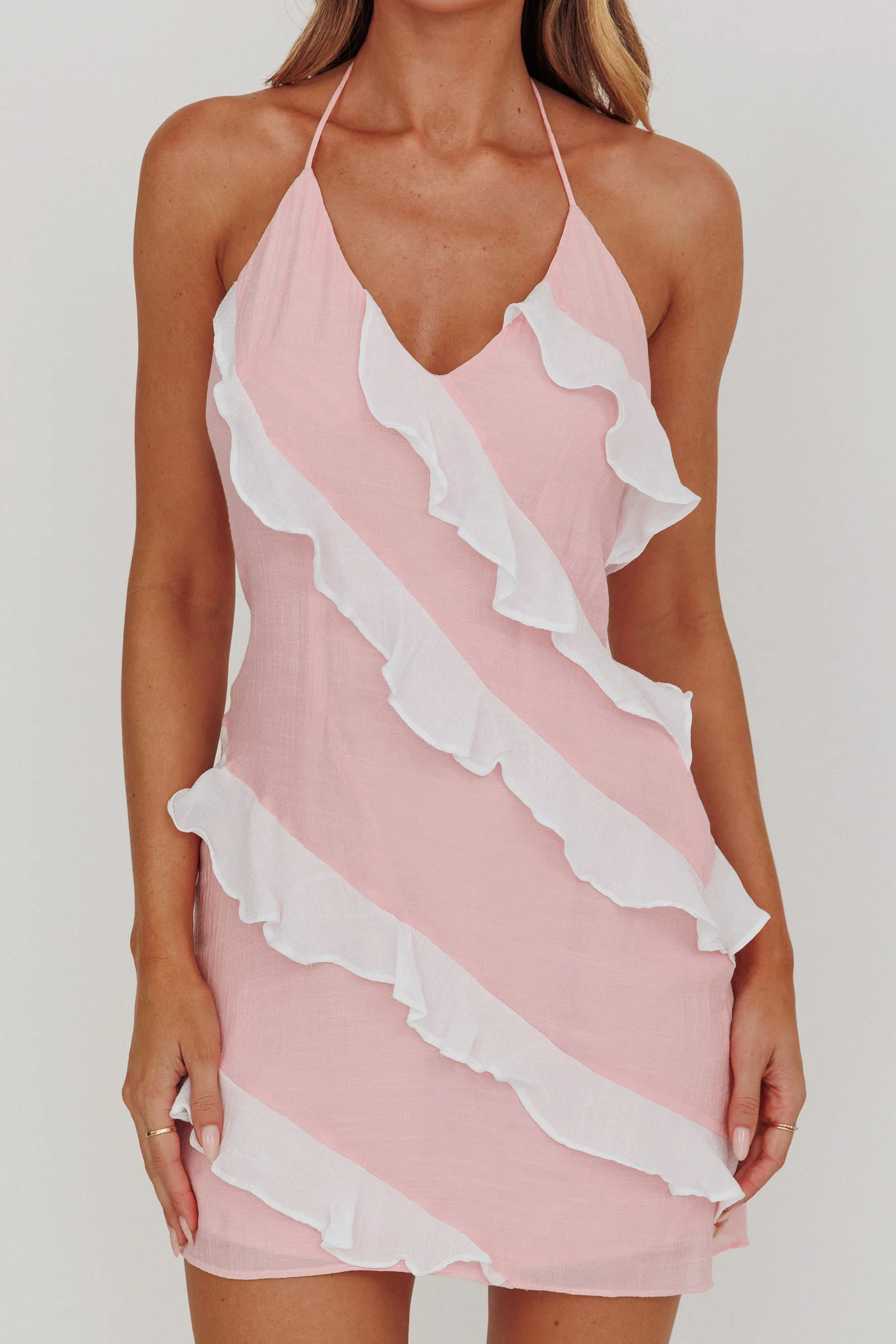 Arrabel Halterneck Contrast Ruffle Mini Dress Pink - Image 3