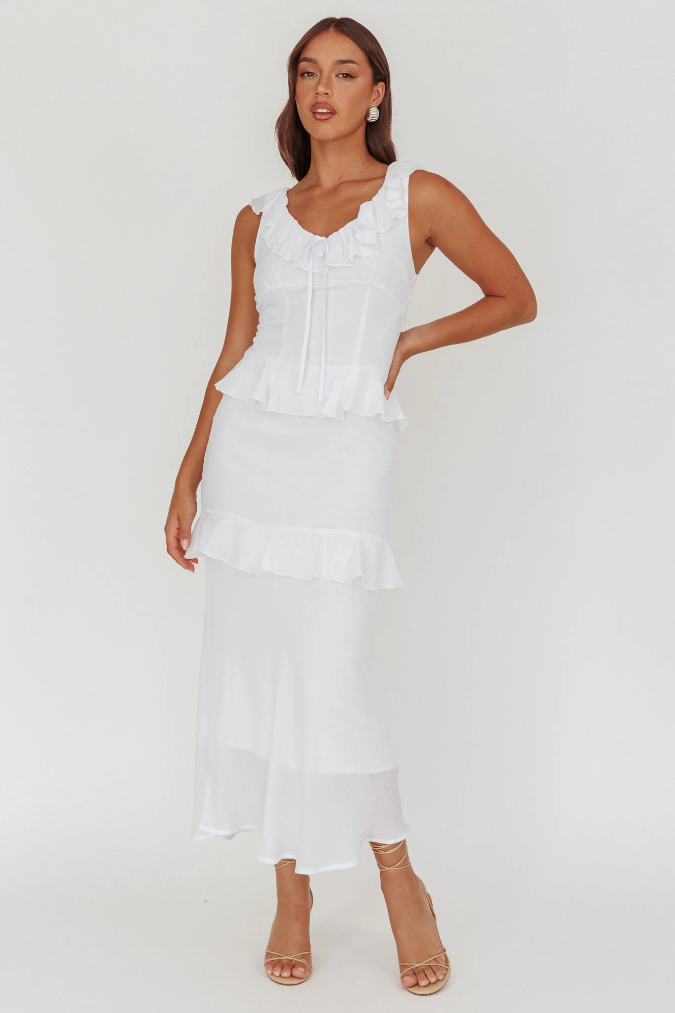 Arrabel Ruffle Trim Bust Tie Maxi Dress White - Image 4