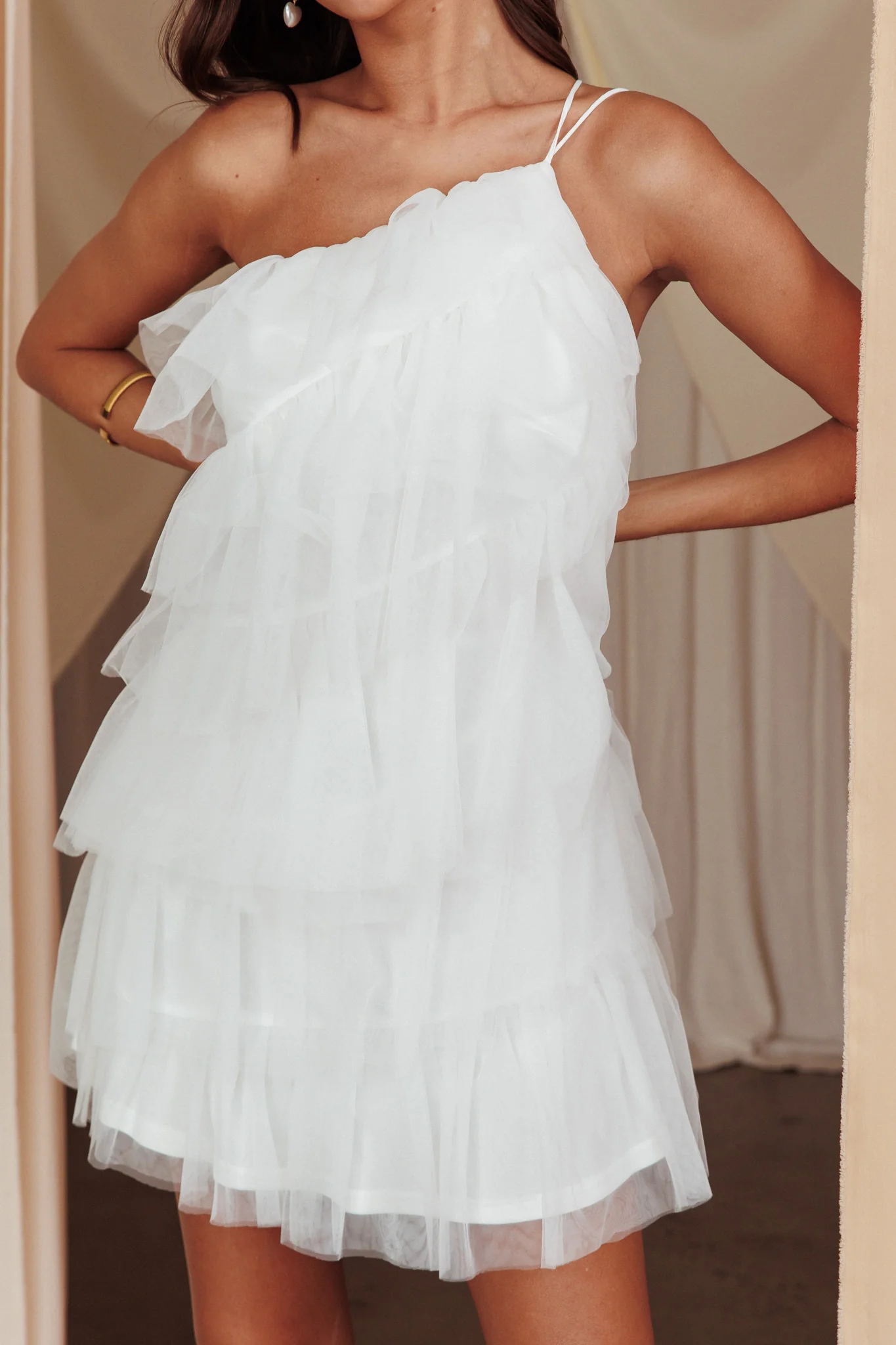 Arrabel Tiered Ruffle Mesh Mini Dress White - Image 5