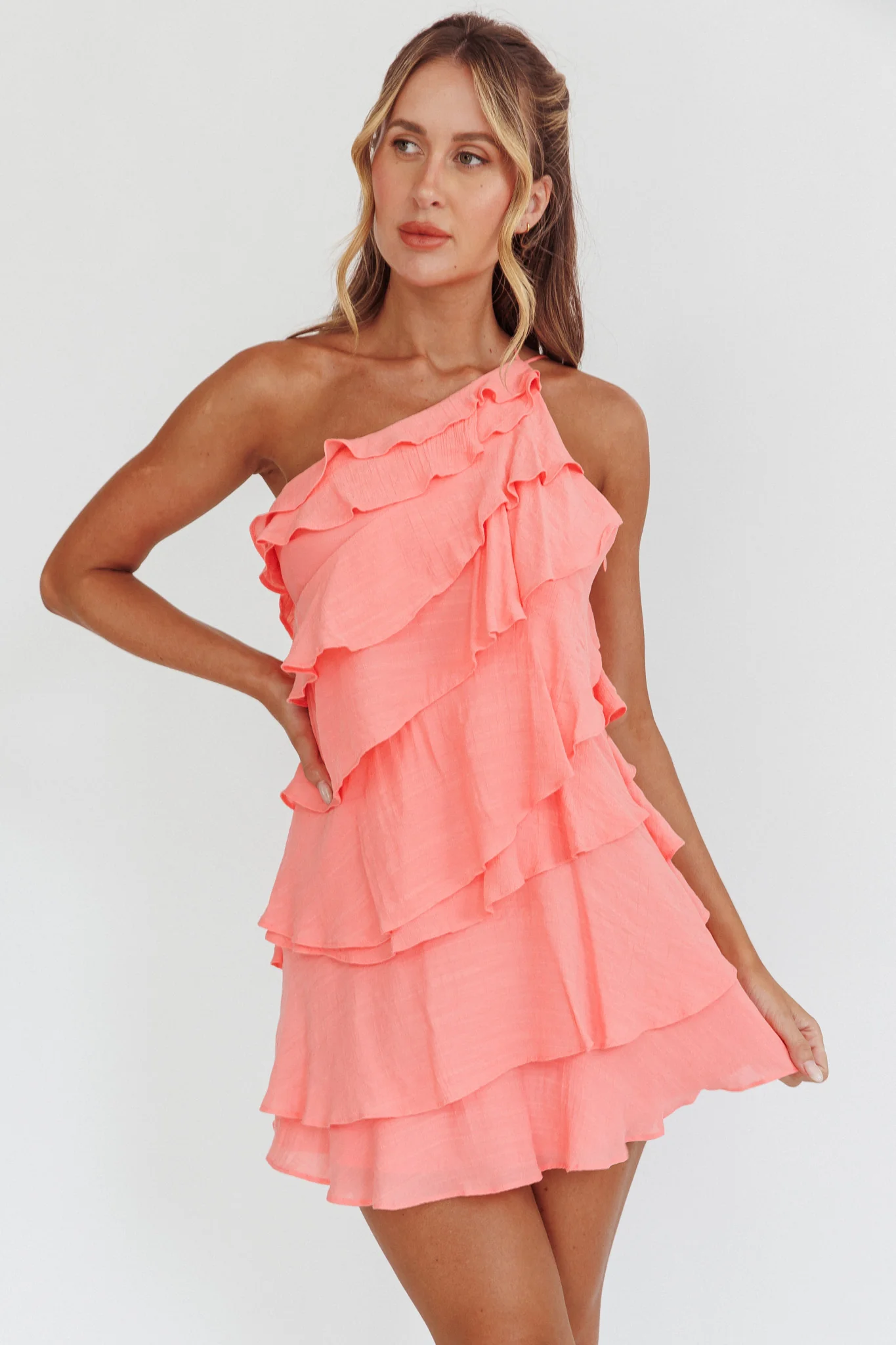 Arrabel Tiered Ruffle Mini Dress Peach - Image 9