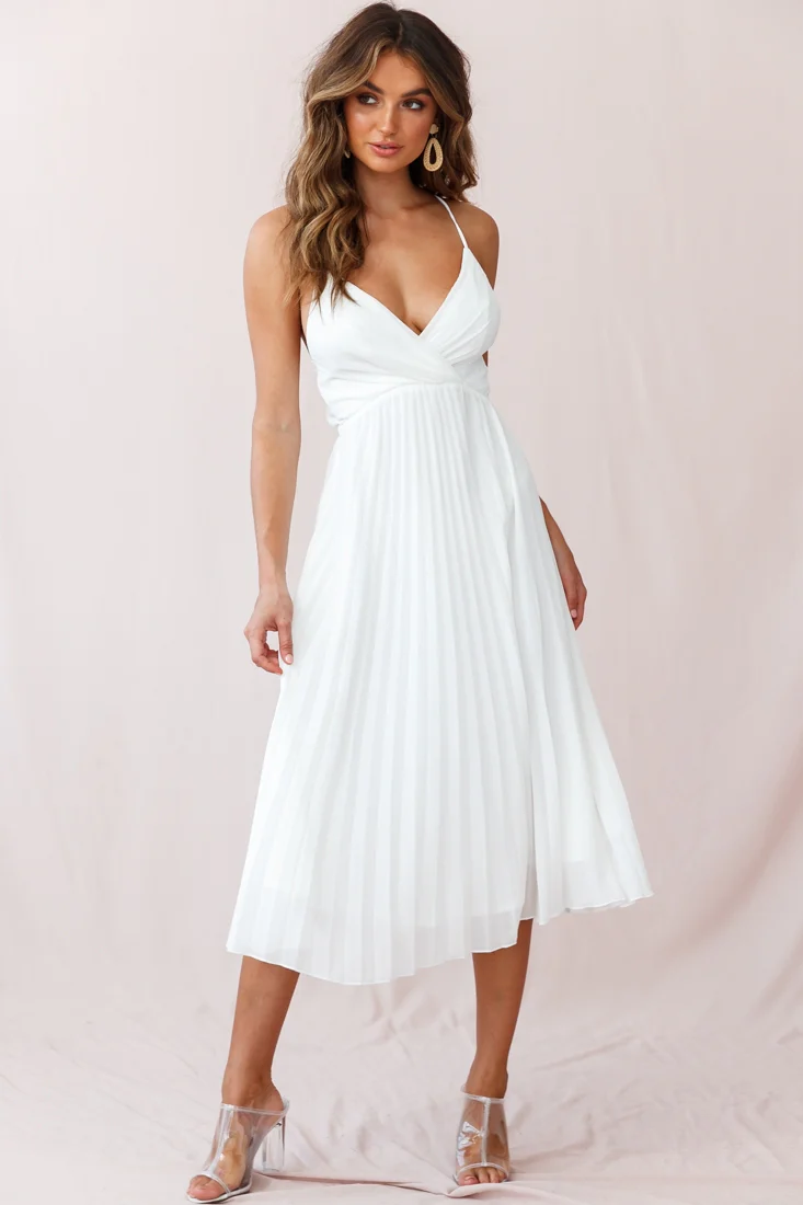 Artemis Accordion Pleat Strappy Back Midi Dress White - Image 2
