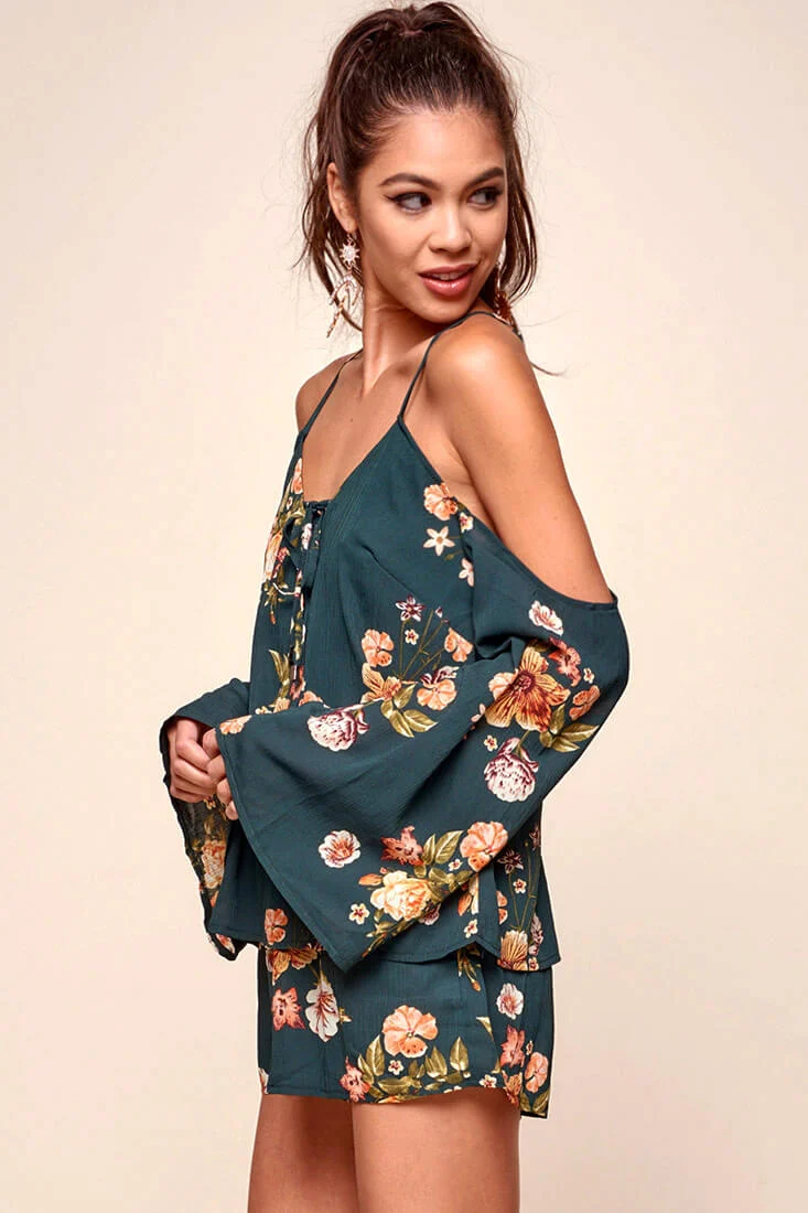 Ashanti Off the Shoulder Layered Floral Romper Khaki - Image 3